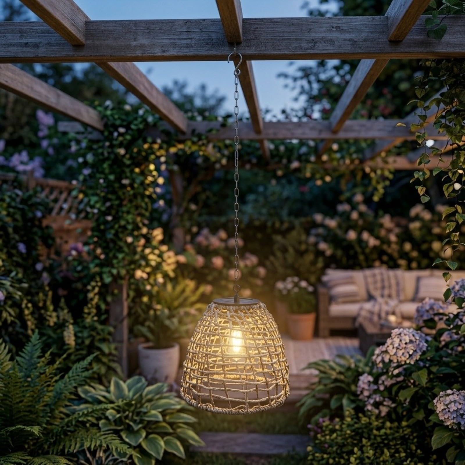 Farol colgante solar de mimbre con LED, lámpara decorativa para exteriores