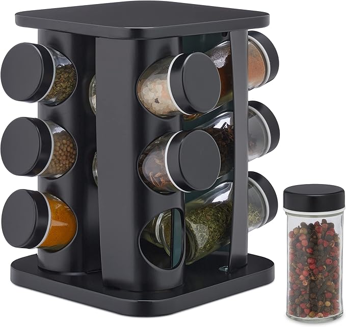 Relaxdays Gewürzregal mit 12 Gewürzgläsern, nachfüllbar, mit Streueinsatz, drehbares Gewürzkarussell, Edelstahl, schwarz