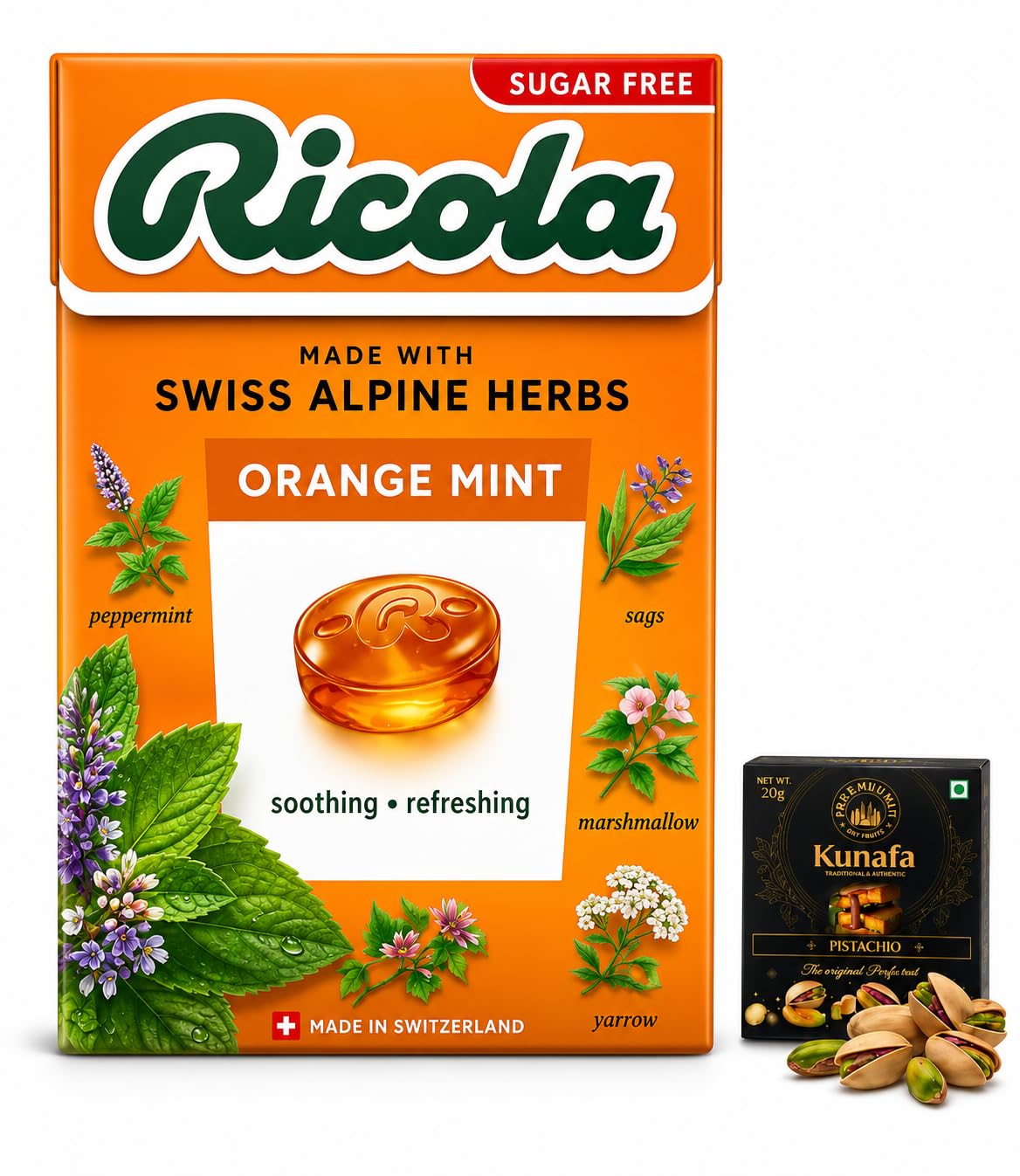 Ricola Orange Mint Sugar Free Candy, Made with Swiss Alpine Herbs, Soothing and Refreshing 45g with Free Flavourito Kunafa Pistachio Chocolate Bar, 20g By Decadent Foods-picture-24