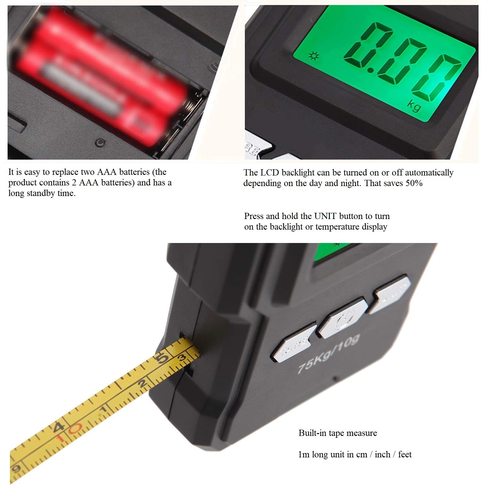 Rhorawill Waga bagażowa 165 lb/75 kg elektroniczna waga wędkarska cyfrowa wisząca waga hakowa podświetlany ekran LCD z miarką linijką, temperatura, 2 baterie AAA do polowania, podróży, kuchni