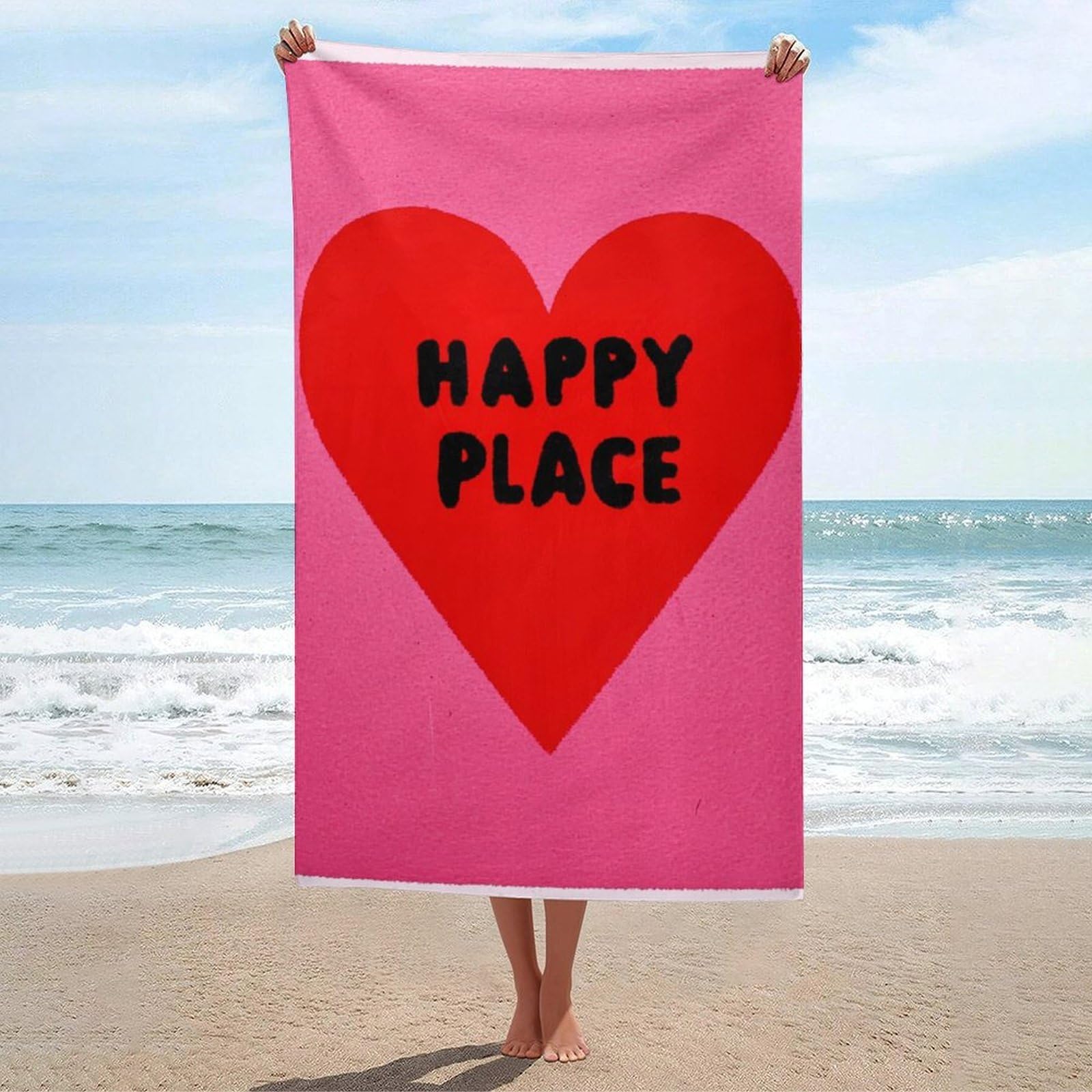 asbwuo Happy Place Red Heart on Pink Beach Towel