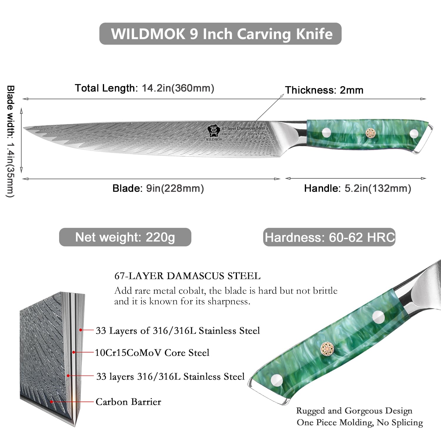 WILDMOK Damas couteau à découper couteau à viande pointu professionnel 23cm super vg10 couteau de cuisine multifonction à manche complet en acier japonais