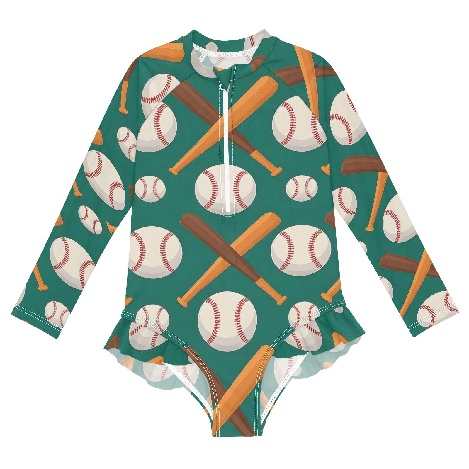 ALAZA Girls Bathing Suit Long Sleeve Rash Guard for Girls Baseball Bat UPF 50+ 7-8T