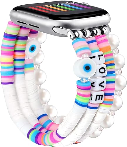 JR.DM Pulsera de cuentas compatible con Apple Watch de 1.65, 1.73 y 1.77 pulgadas, para mujeres y niñas, correa elástica de repuesto hecha a mano