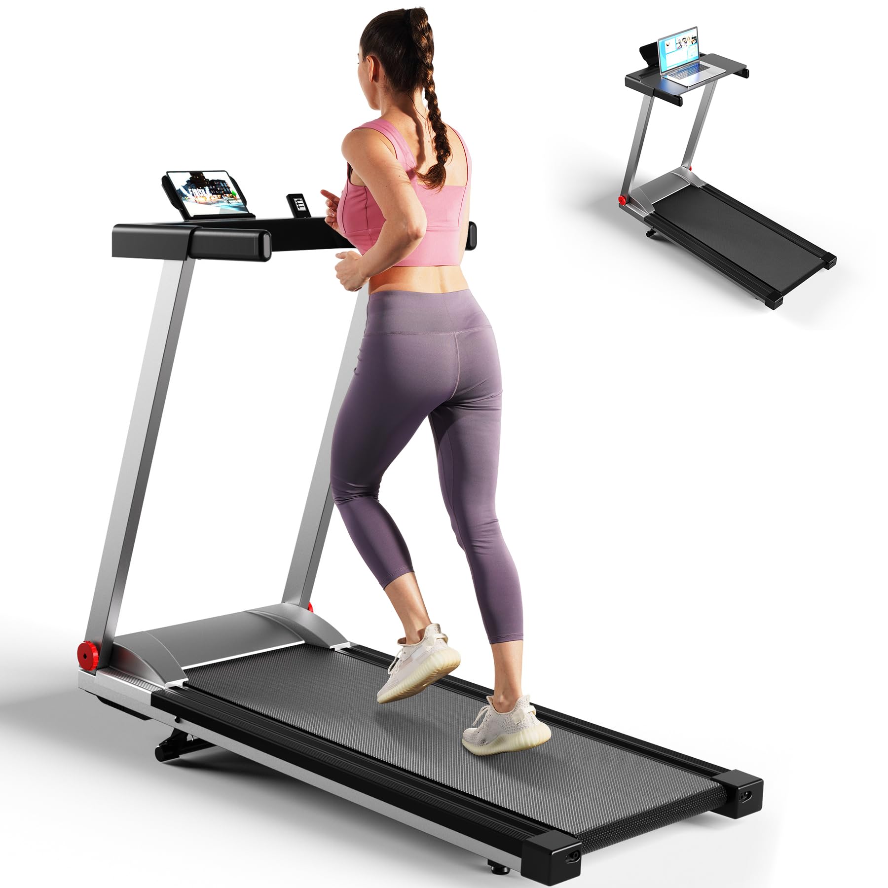 Superun Walking Pad mit Steigung 6% – Laufband für Zuhause max 6km/h & 12km/h mit App und Fernbedienung – Laufband Schreibtisch max 136 kg mit Multi-Runner-Rennen 95cm Rot-4