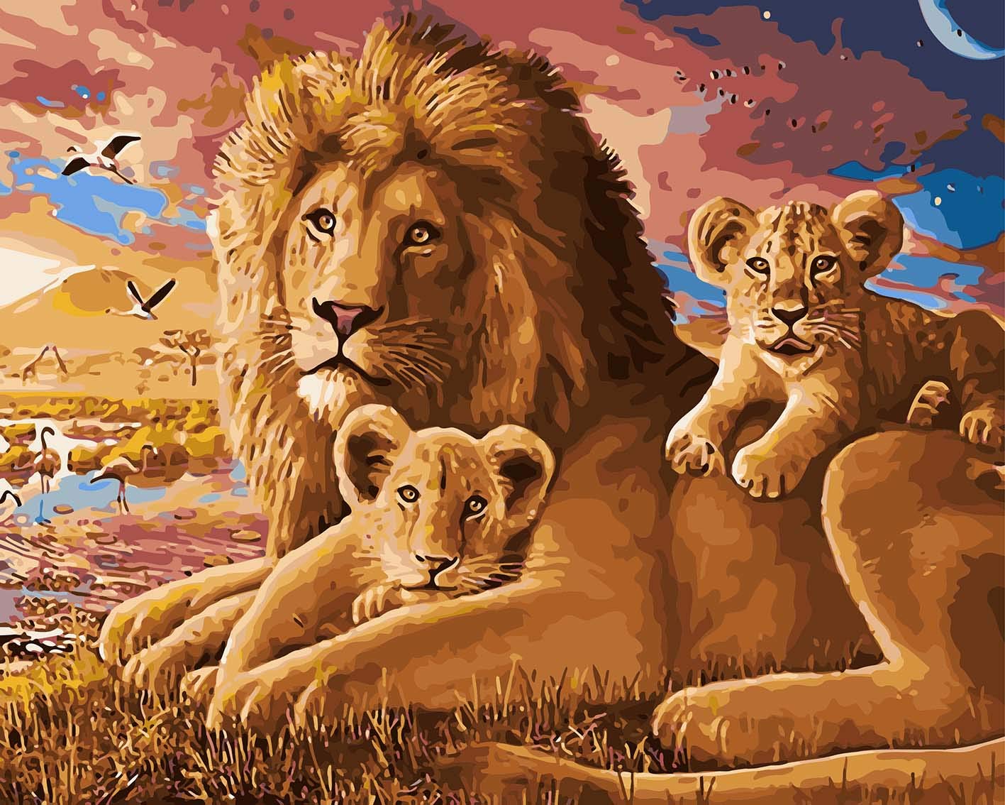 WOWDECOR Art Supplies Lion Animals Family Sunset DIY Paint by Numbers Kits 40 x 50cm with Painting Brushes Canvas (Framed)