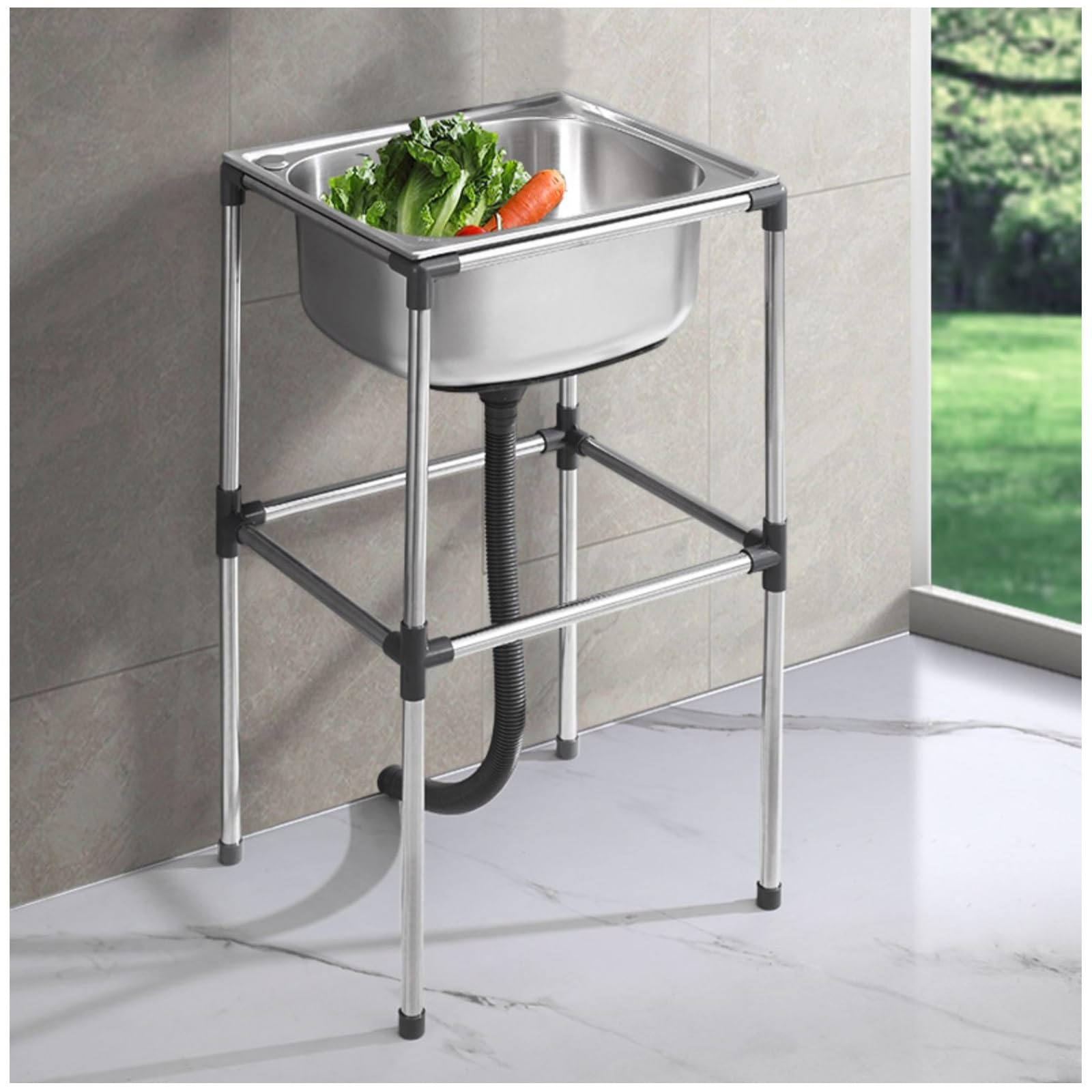 TAXXII Commercial Stainless Steel Mobile Sink - Freestanding Single Basin Outdoor without Faucet for Bar, Restaurant, Laundry, Hotel & Home Use (42x37x80cm)