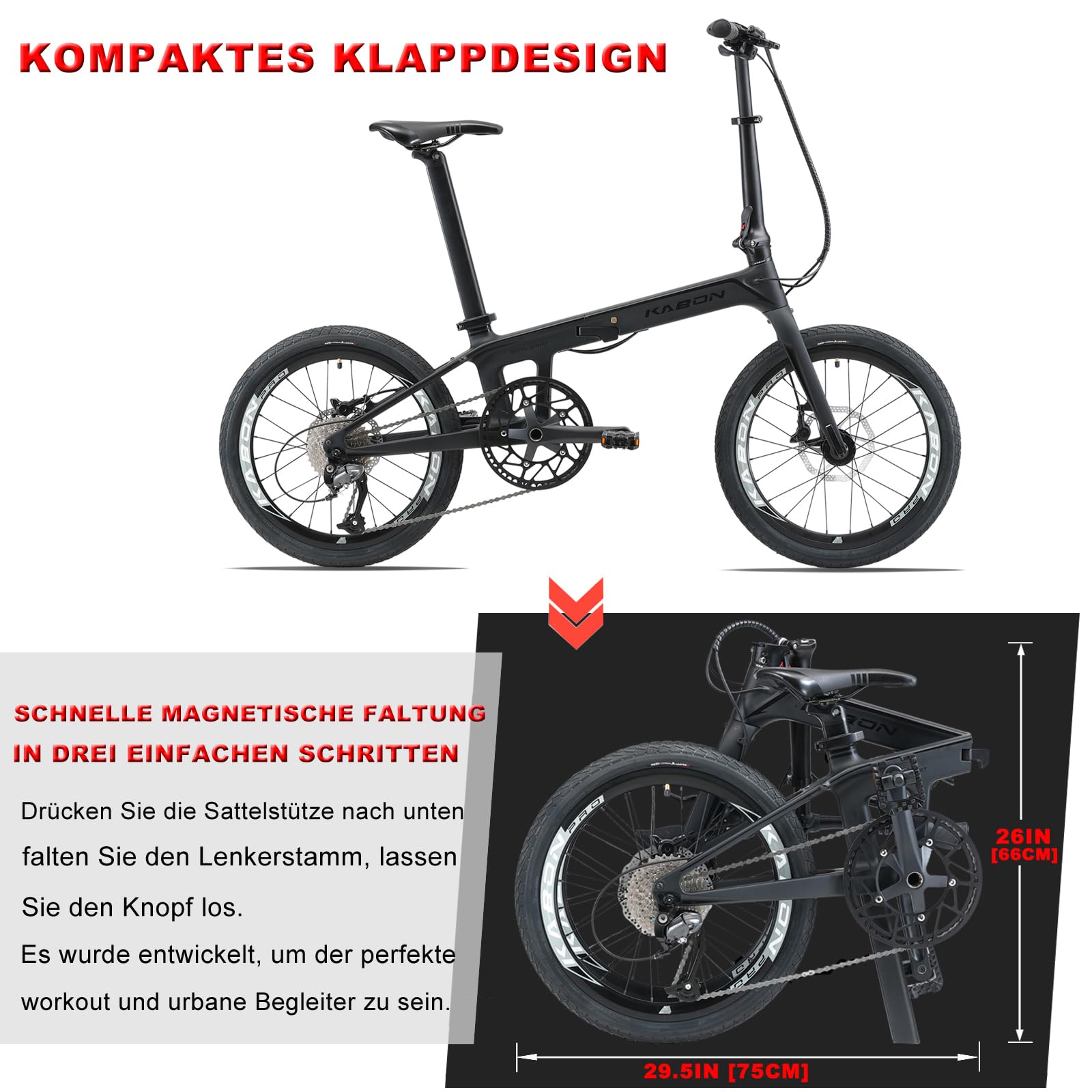 KABON Voll Carbon Faltrad, Leichtes 20 Zoll Carbonfaser Rahmen Klapprad mit 11 Gang Hydraulische Scheibenbremse Fahrrad mit Carbon Laufradsatz für Unisex-Erwachsene