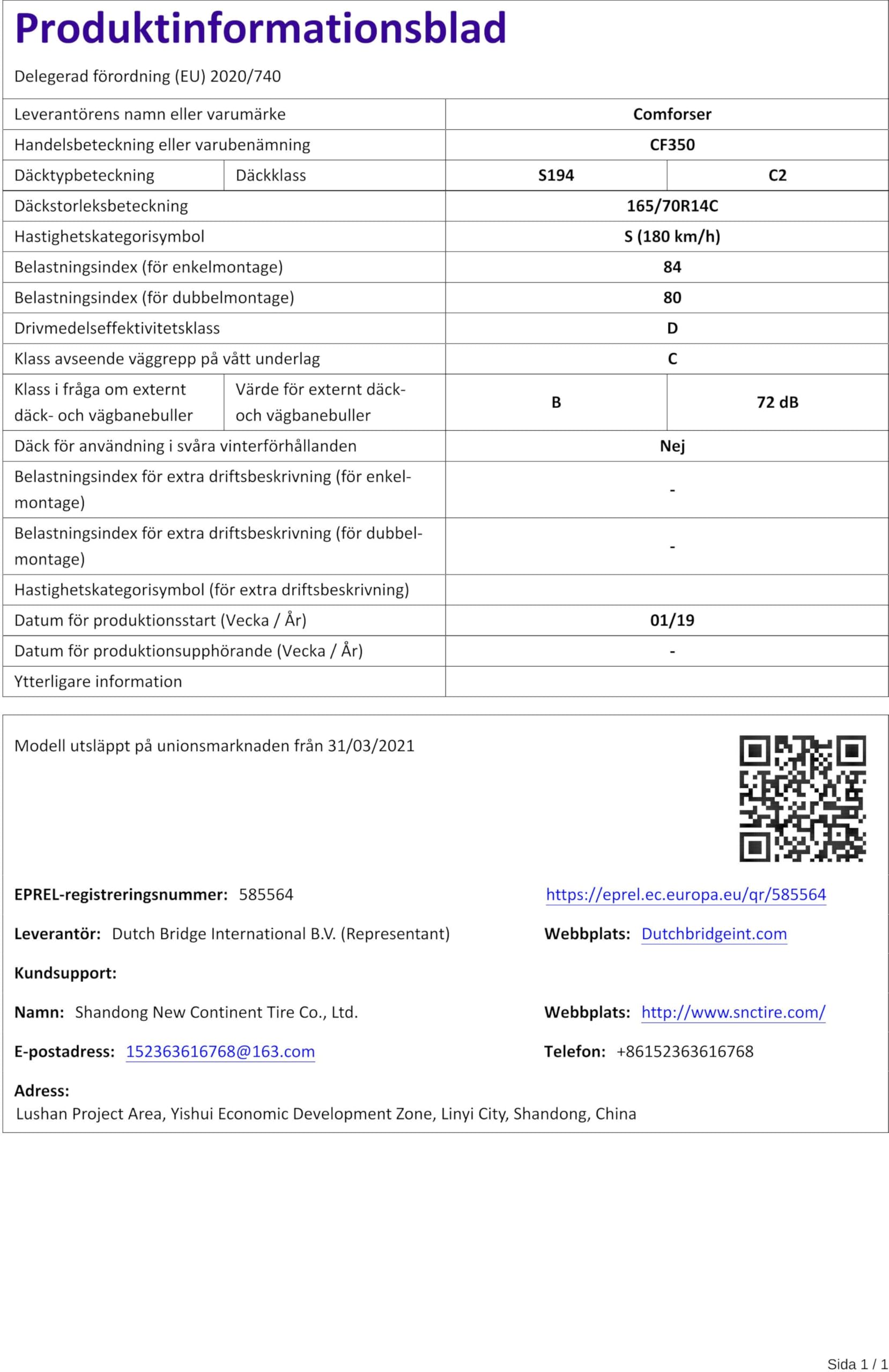 Comforser Pneu fourgonnette CF350 165/70R14C