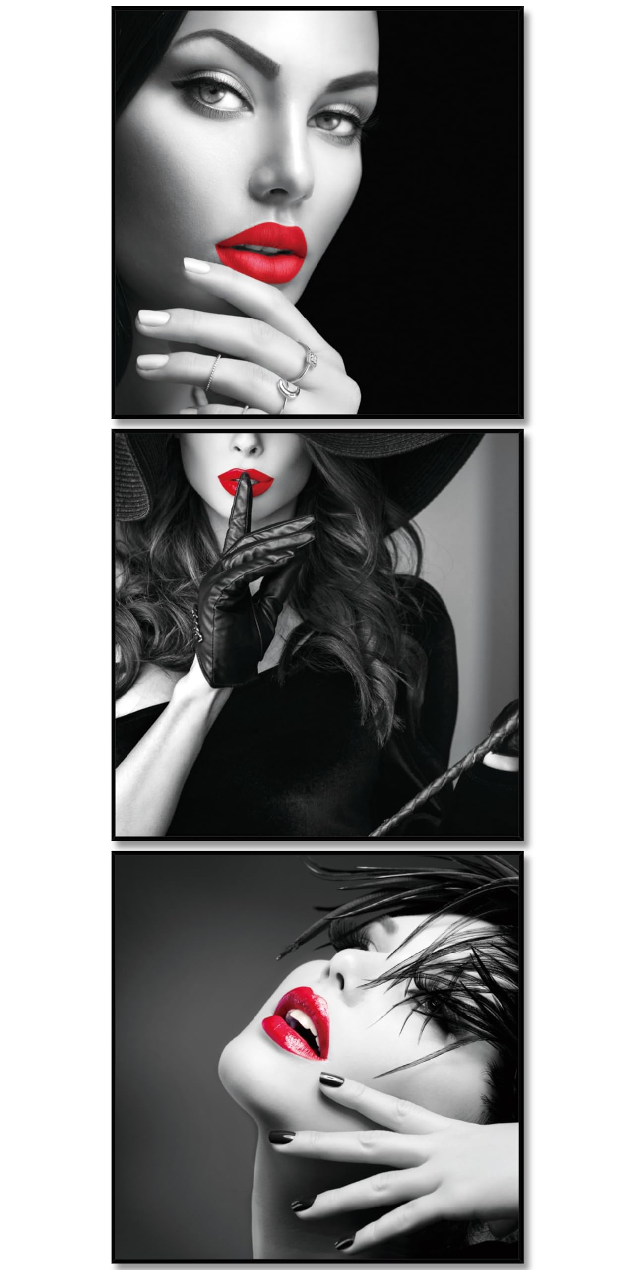 BERLIG Glasbilder Set 3er 30x30 cm Sicherheitsglas – Moderne Wandbilder für Wohnzimmer & Schlafzimmer – Femme Rouge Schwarz Weiß mit Rot – inkl. Geschenkbox