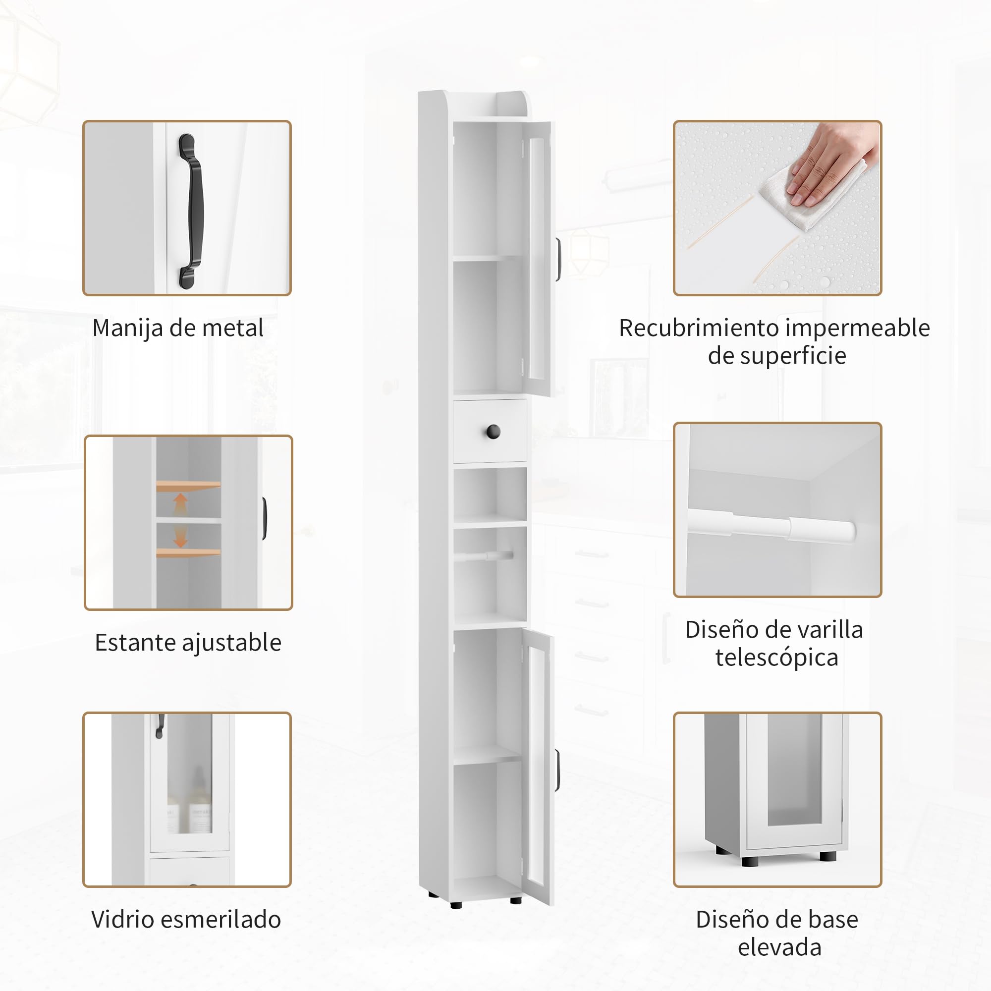 BonVache Mueble Baño Columna, Armario de baño con Estantes Ajustables, Estanterías con 2 Puertas de Vidrio y 1 cajón, Portarrollos Baño, Blanco, 20x20x180 cm