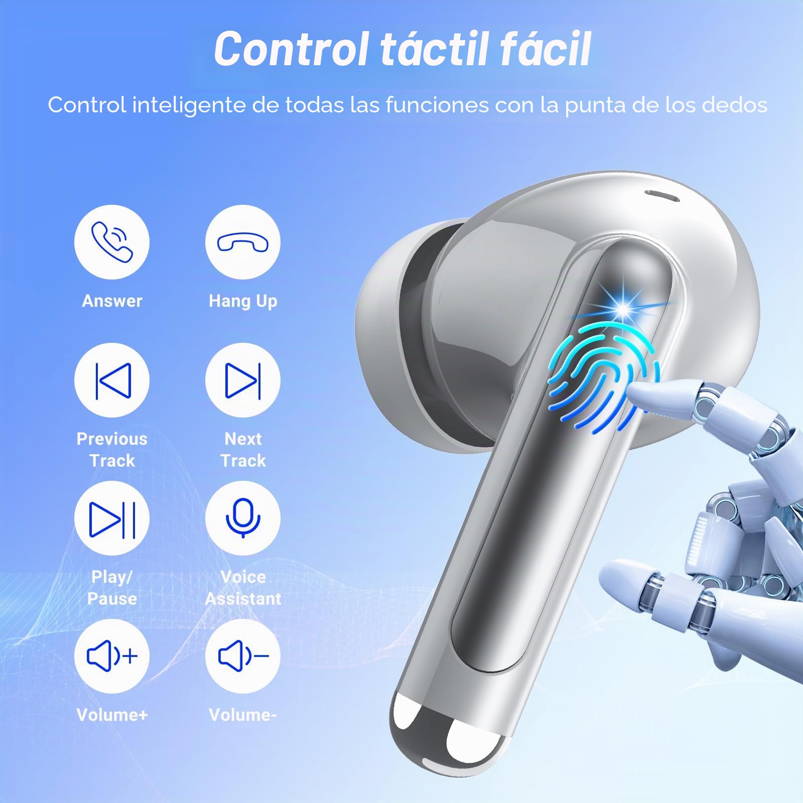 Auriculares Inalambricos Bluetooth Cascos Inalámbricos con HiFi Estéreo,4 Mic con Reducción de Ruido ENC,Bluetooth 5.3,48H Playtime,Impermeable IPX7,Pantalla Pantalla de energía LED Gris