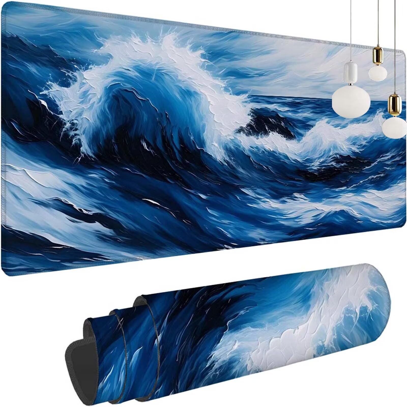 Alfombrilla Ratón Japón Ondas Alfombrilla Ratón XXL 1400x600x3mm Mouse Pad Resiste Salpicaduras, Extendida de Gran Tamaño con Bordes Cosidos, Mejora Precisión y Velocidad,Antideslizante,Duradera y-391