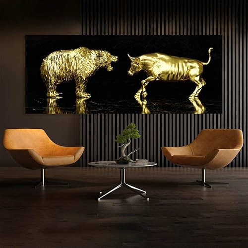 Miniatura 3 de Lienzo decorativo con estatuas de toro vs oso, decoración del hogar, para empresarios dorados, decoración del hogar, grande, 40 x 16 pulgadas 0.75