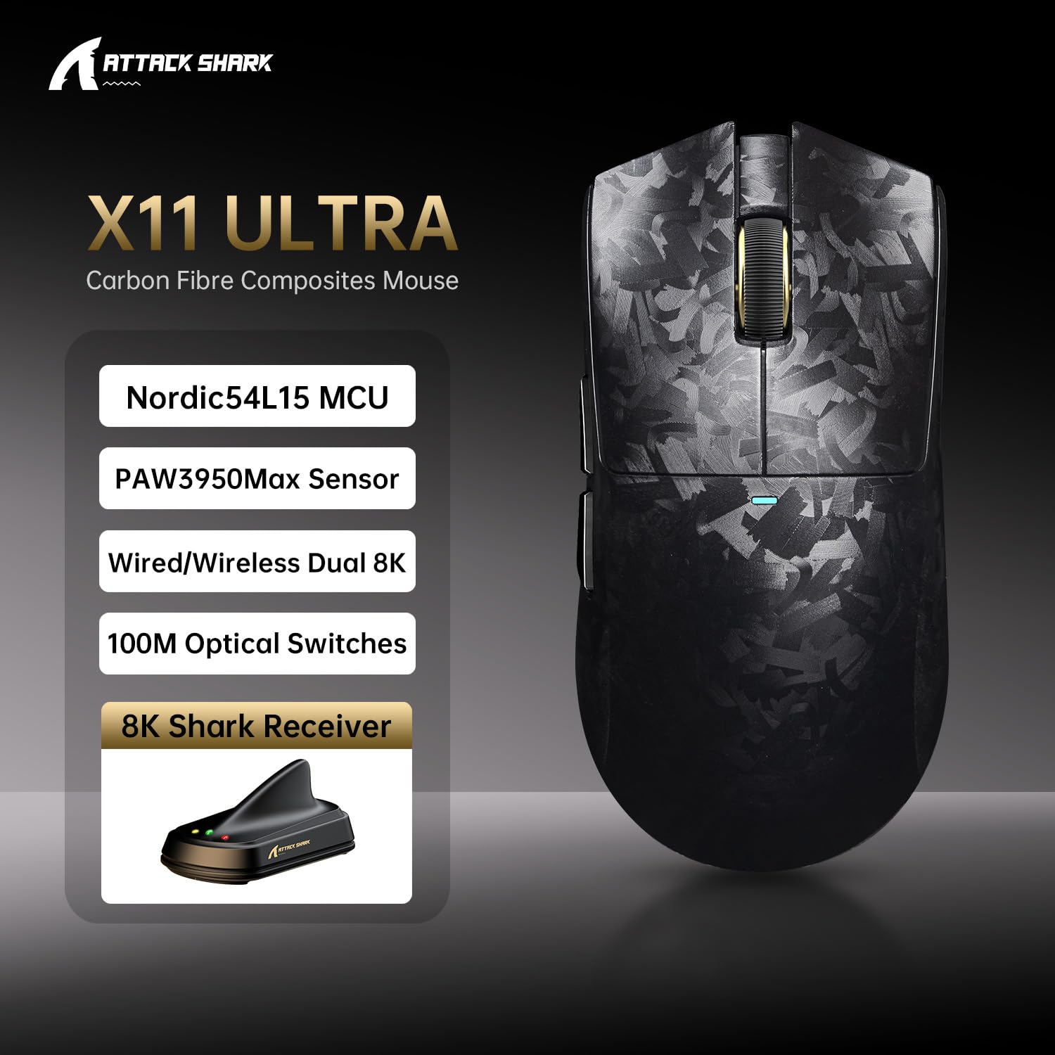 ATTACK SHARK X11 ULTRA Wireless Gaming Mouse, Ultra-Light 63g, 42K DPI, 8K Polling, Nordic Chip, Carbon Fiber, for Esports & Pro Gamers - 3