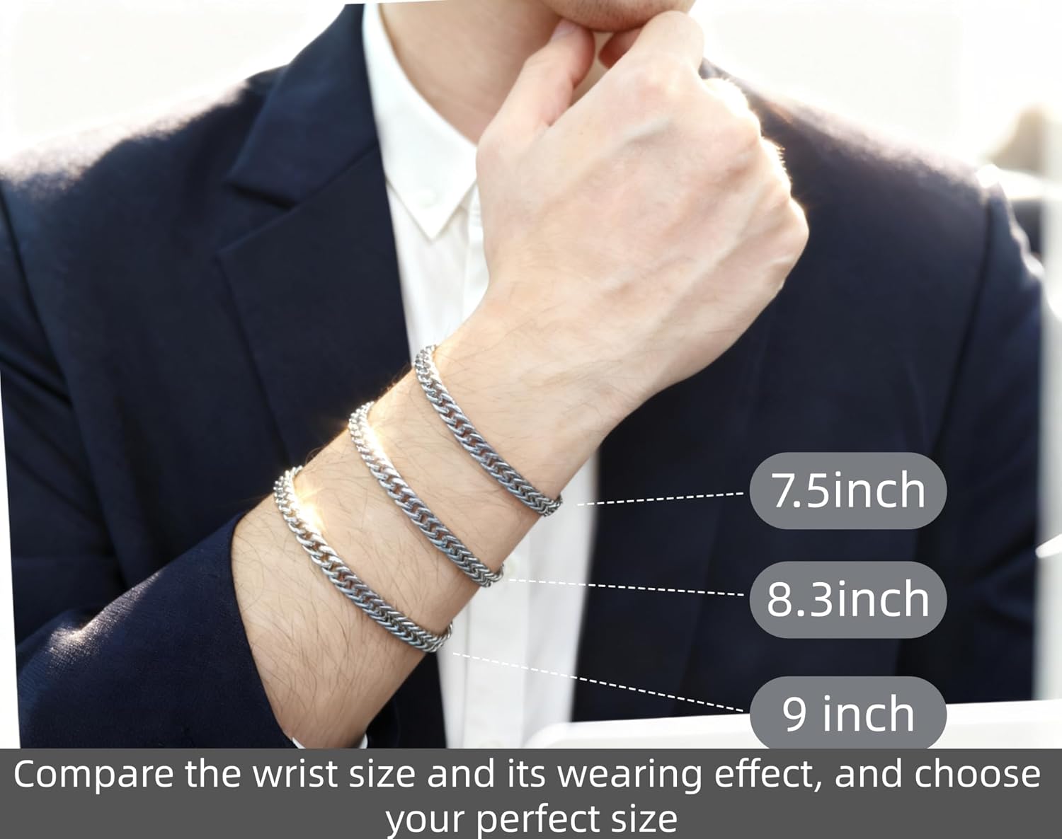 Stainless Steel Bracelets for Men, Gold/Silver Mens Chain Bracelet 7.5/8.3/9 Inches Mens Stainless Steel Cuban Link Bracelets Set 3Pcs (Include Card) - Image 5