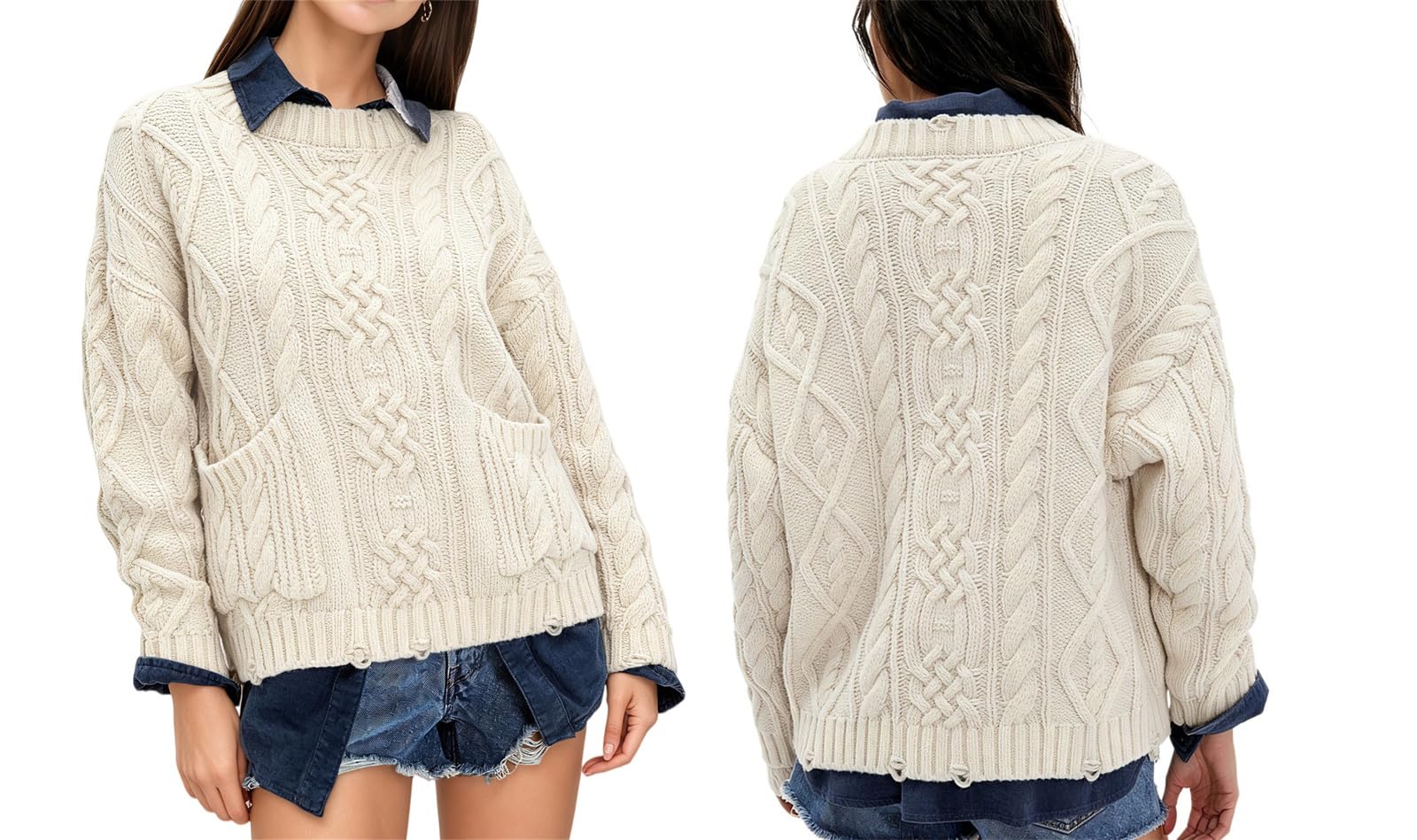 Maglione da donna a maglia spessa a girocollo, effetto usurato con tasche