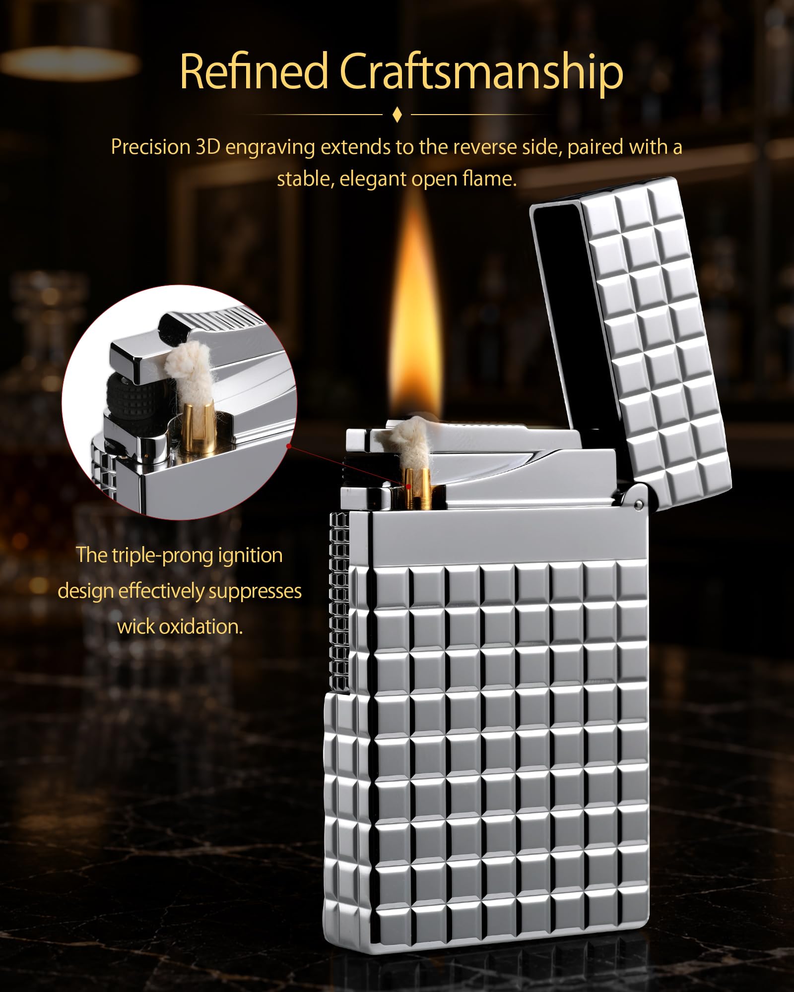 THORENS Crisp Sound - Argent Blocks Mechero de Gasolina y Latón | Side-slide, llama abierta, recargable, rueda de fricción, flip-top, clásico, vintage-retro, grabado, regalo de lujo hombre