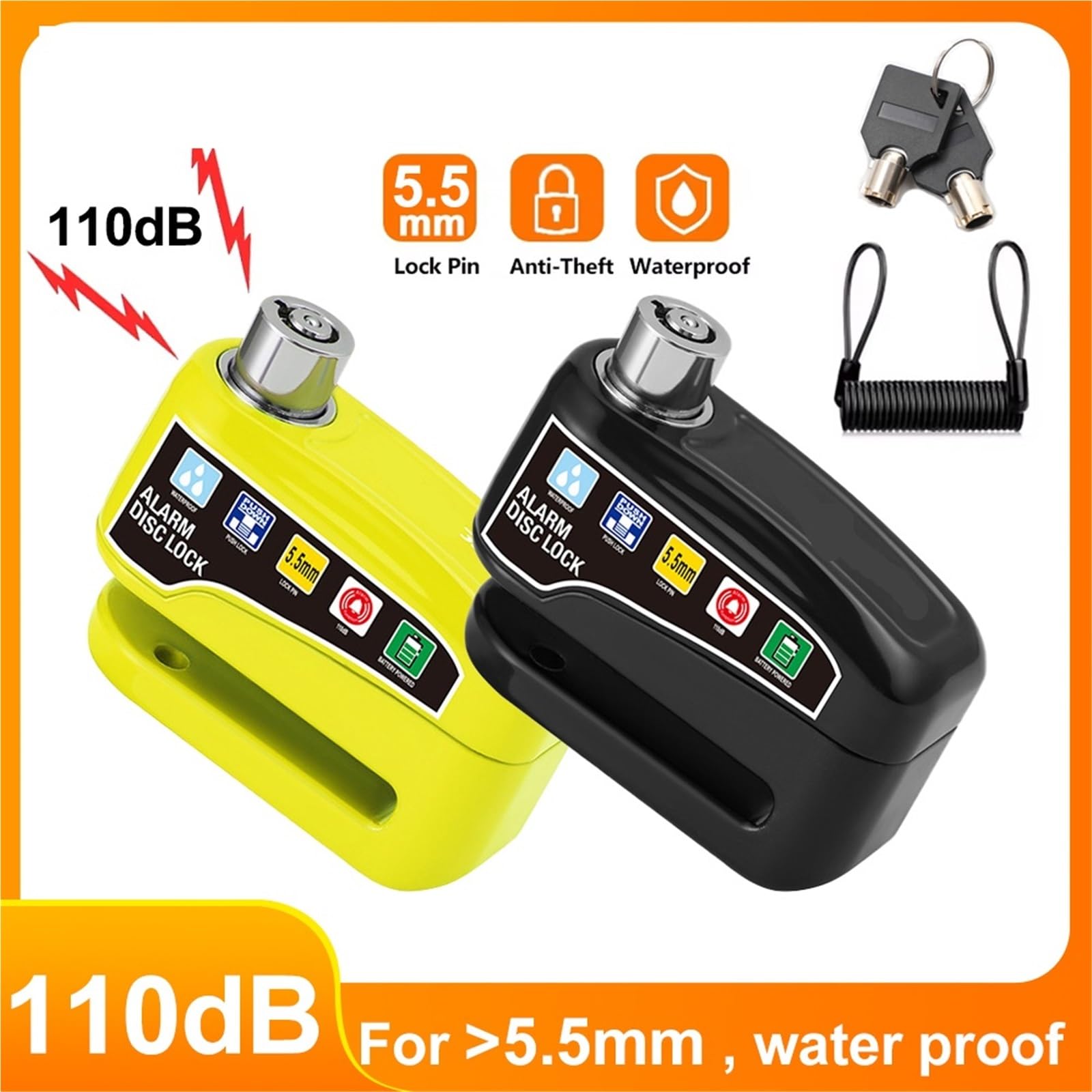 Tubi del Manubrio Lock Lucchetto per bicicletta con allarme da 110 dB, impermeabile, con chiavi, antifurto, per moto e bici(Yellow B)