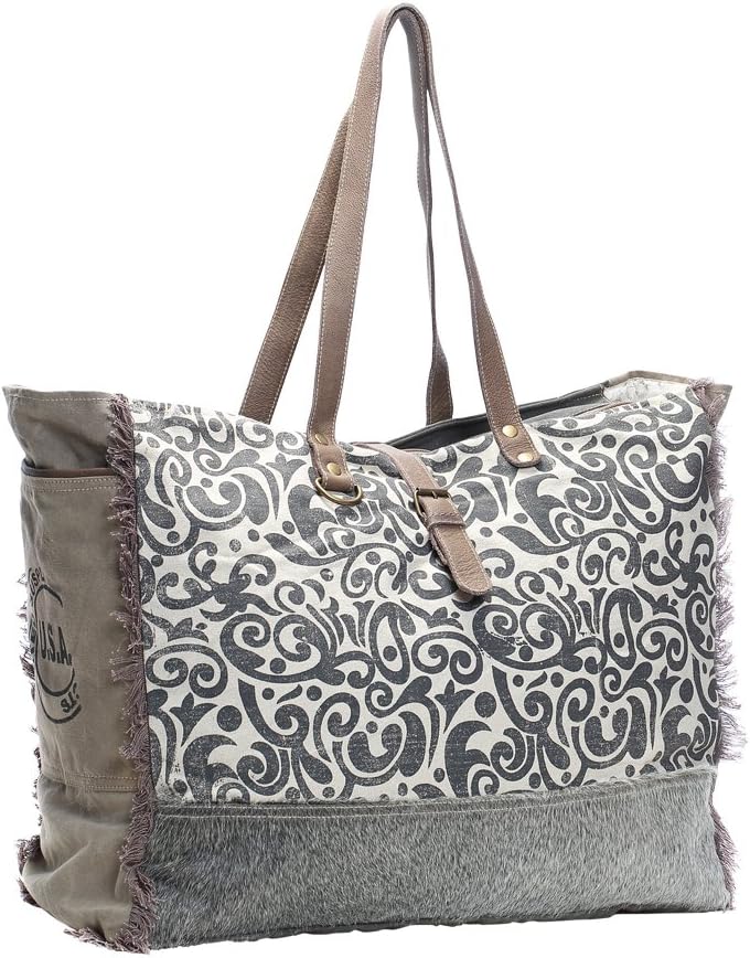 Floral Upcycled Canvas & Cowhide Weekender Bag S-1142