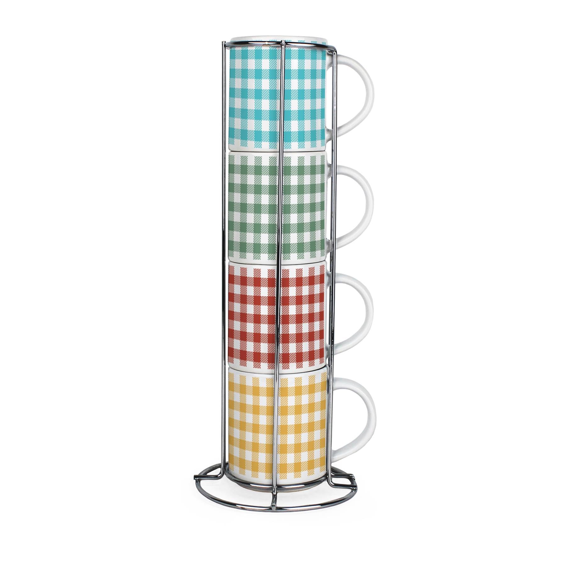 Purely Home Gingham Check Stacking Mugs Set - Colourful Set of 4 Small Ceramic Mugs Gift Set with Metal Stand