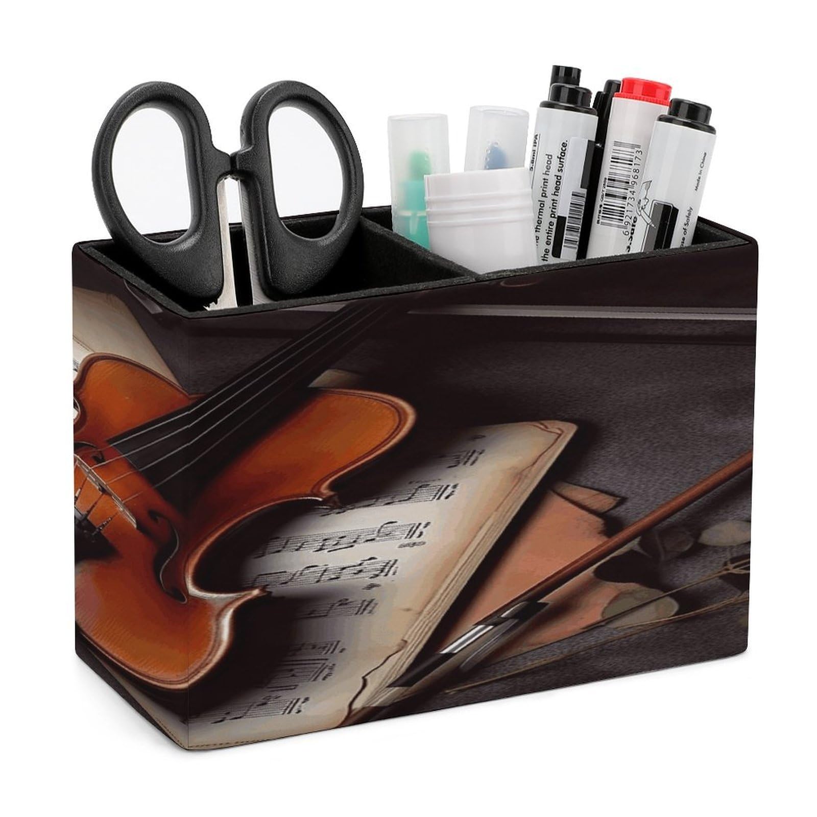 VstaDank Violin Sheet Music Pen Holder Double Compartments Pen Cup Fashion Makeup Brush Holders Leather Pencil Holder for Work Locker Accessories Modern Pencil Cup for Desk Organizer