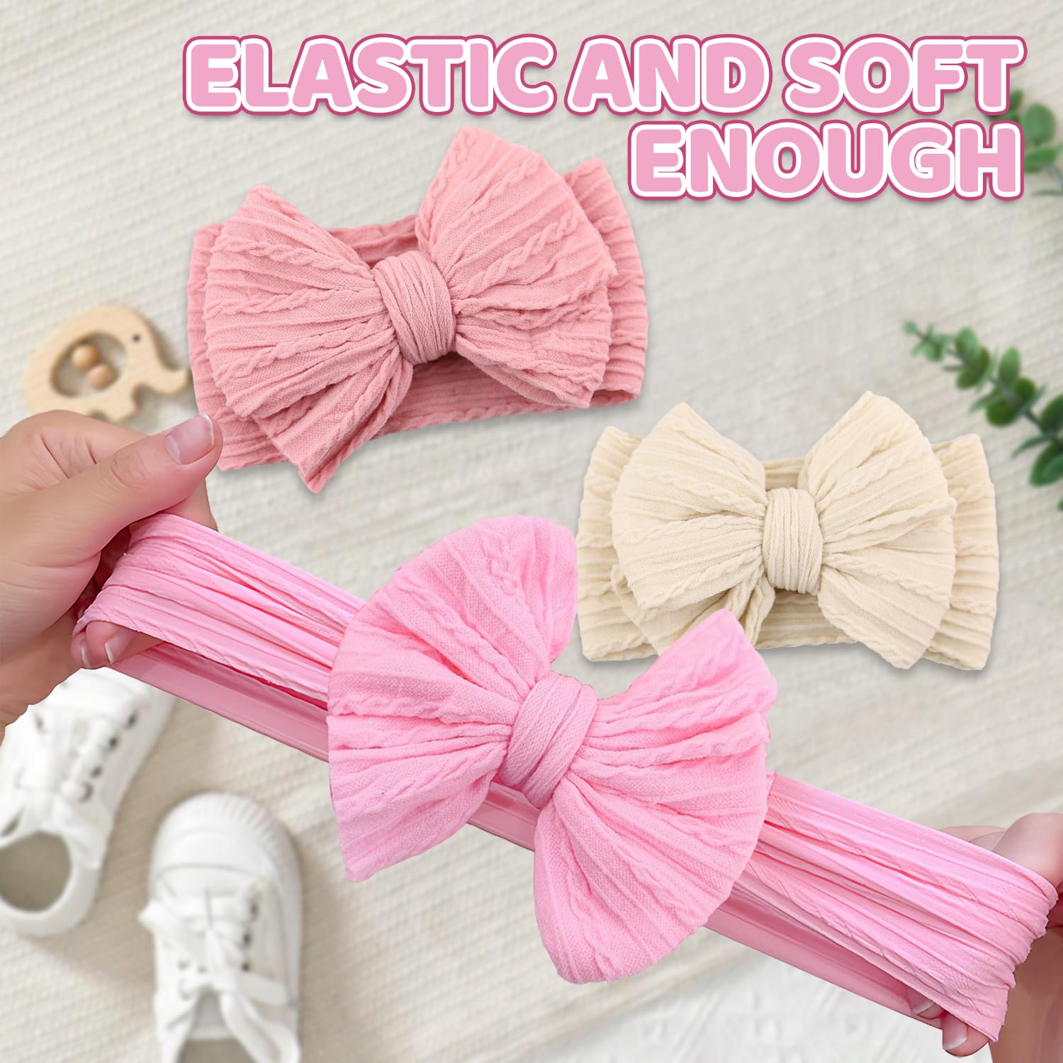 3 Pcs Baby Headband, Soft Baby Bows Headbands for Girls Newborn Hair Accessories (Dark Pink, Beige, Medium Pink) - Image 3