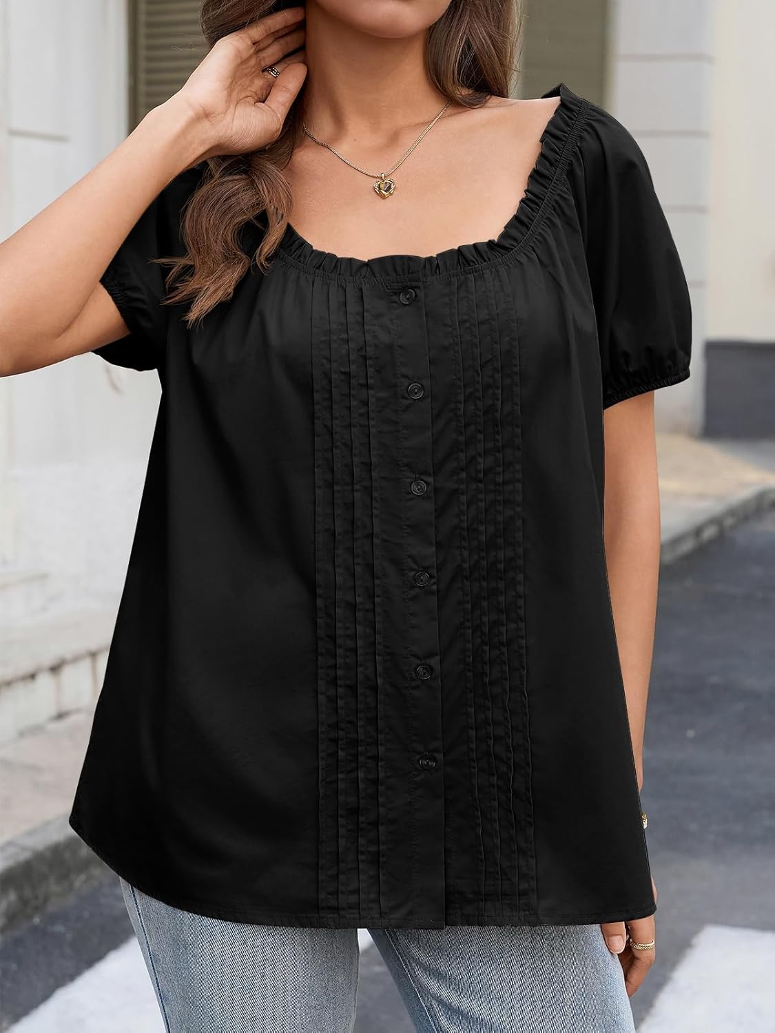 Tankaneo Womens Scoop Neck Blouse Tops Summer Trendy Casual Short Sleeve Button Down Shirts Babydoll Pleated Loose Fit Tunic - Image 4