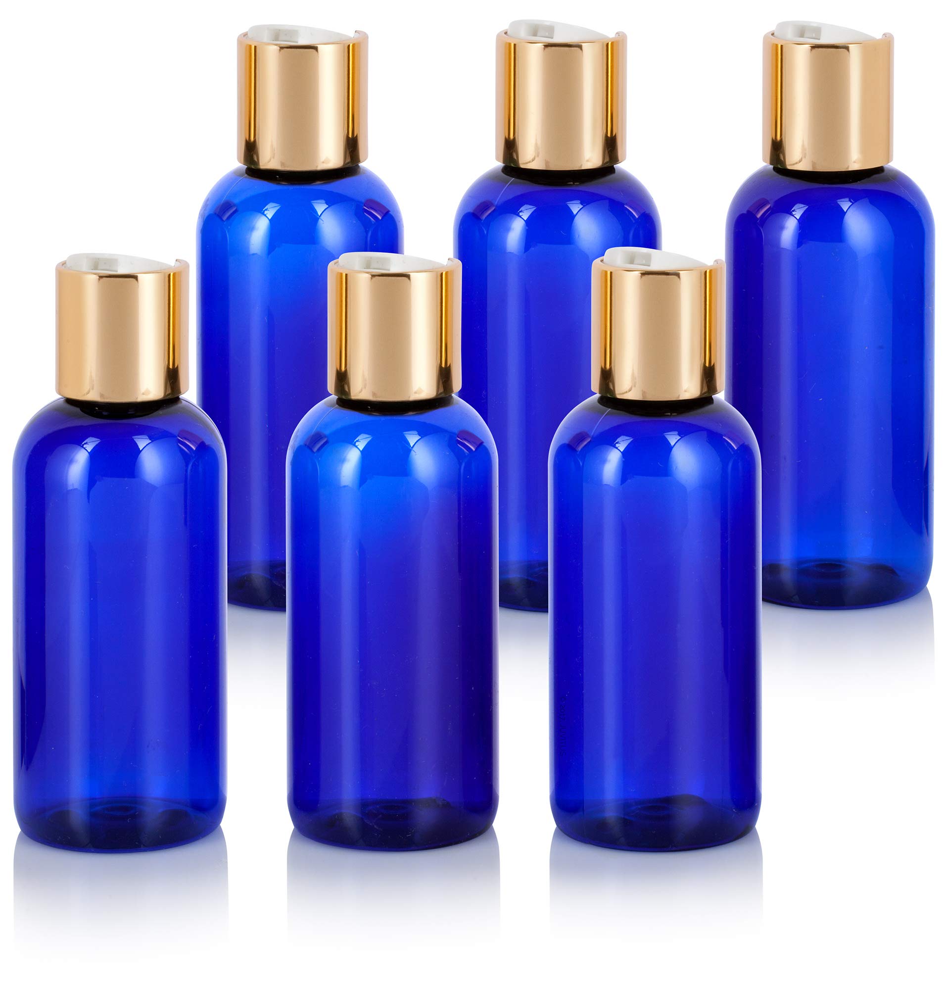 JUVITUS 4 oz / 120 ml Plastic PET Boston Round Bottle (BPA Free) with Gold Disc Cap (6 pack) (Cobalt Blue)