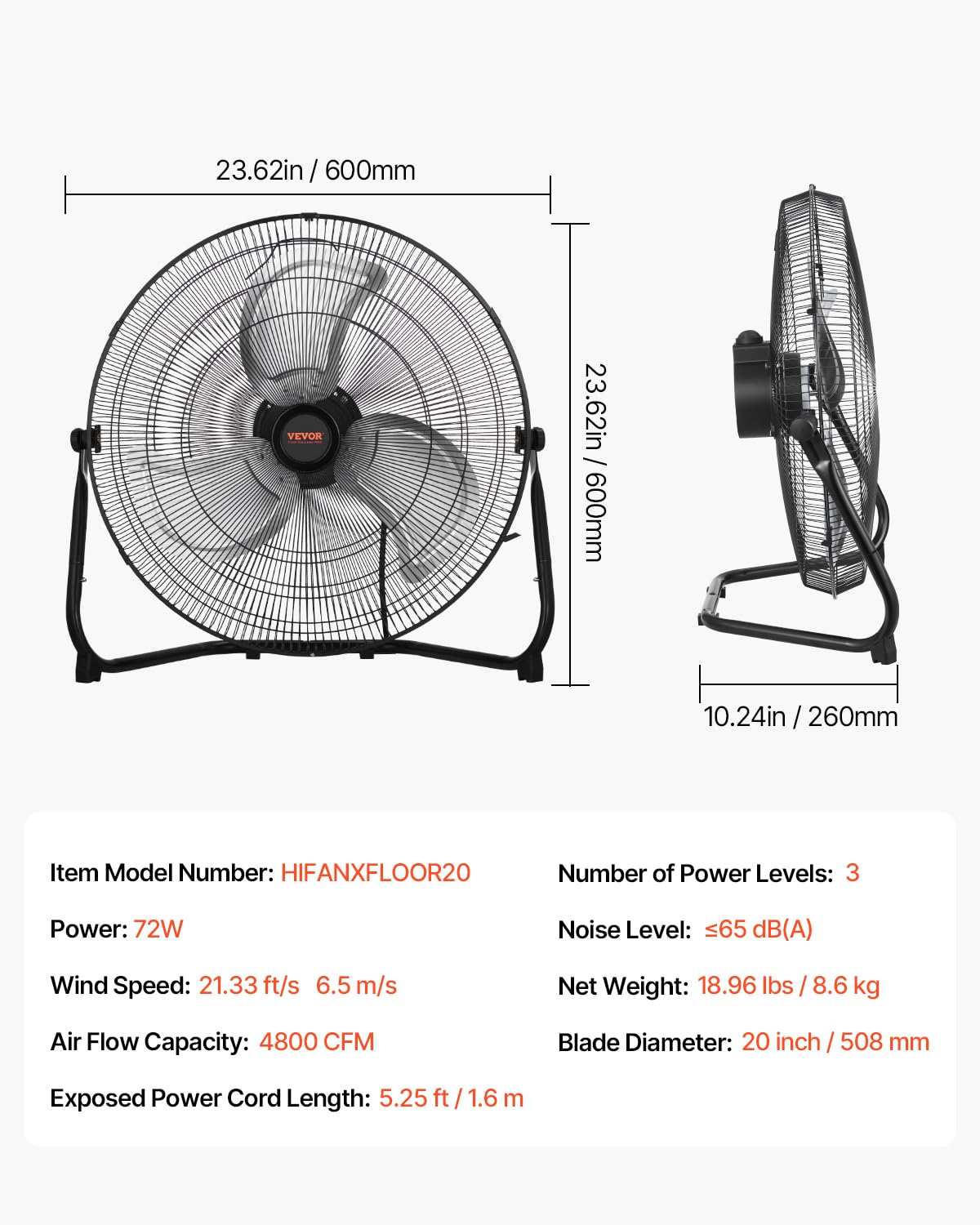 VEVOR Ventilateur de sol, 3 vitesses, ventilateur industriel en métal robuste 508 mm, inclinaison à 360°, vitesse du vent 6,5 m/s, pour maison, bureau, garage, magasin commercial, chambre à coucher