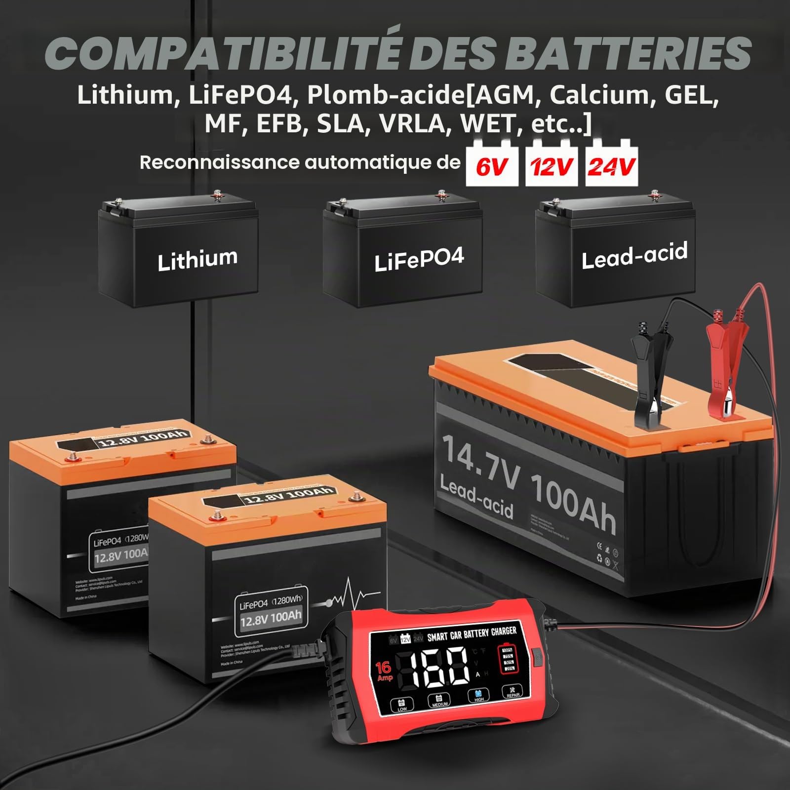 HTRC Chargeur Batterie Voiture 16A 6V/12V/24V pour AGM, Gel, EFB, LiFePO4 | Chargeur de batterie voiture : 3 niveaux de courant, compensation thermique, maintien et réparation par impulsions pour moto