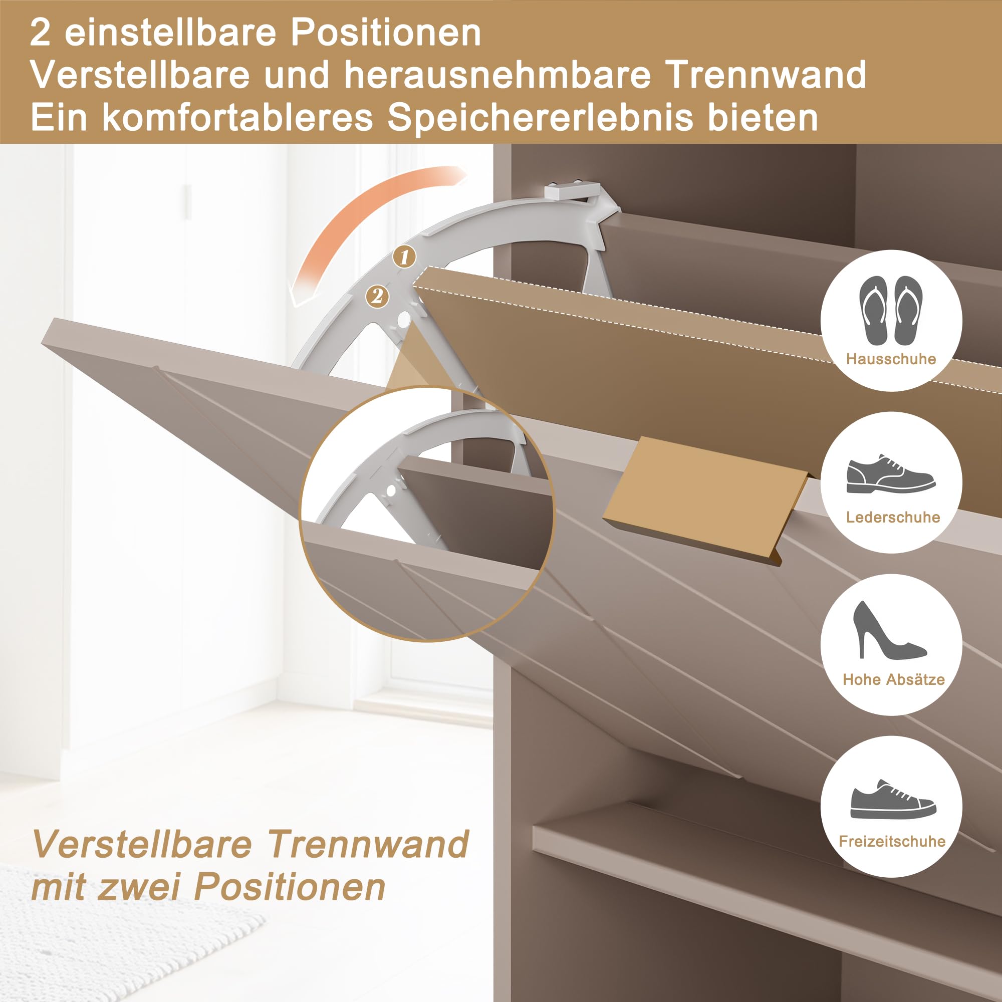 UEV Schuhschrank mit 2 Klappen und 2 Türen, 105x24x120cm, mit Kippschutz/Trennwand verstellbar, Schuhkommode, Schuhkipper schmal, Schrank Flur platzsparend Moka