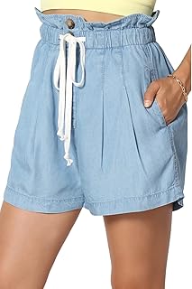TheMogan Casual Paperbag Elastic Waist High Rise Chambray Slant Pocket Shorts