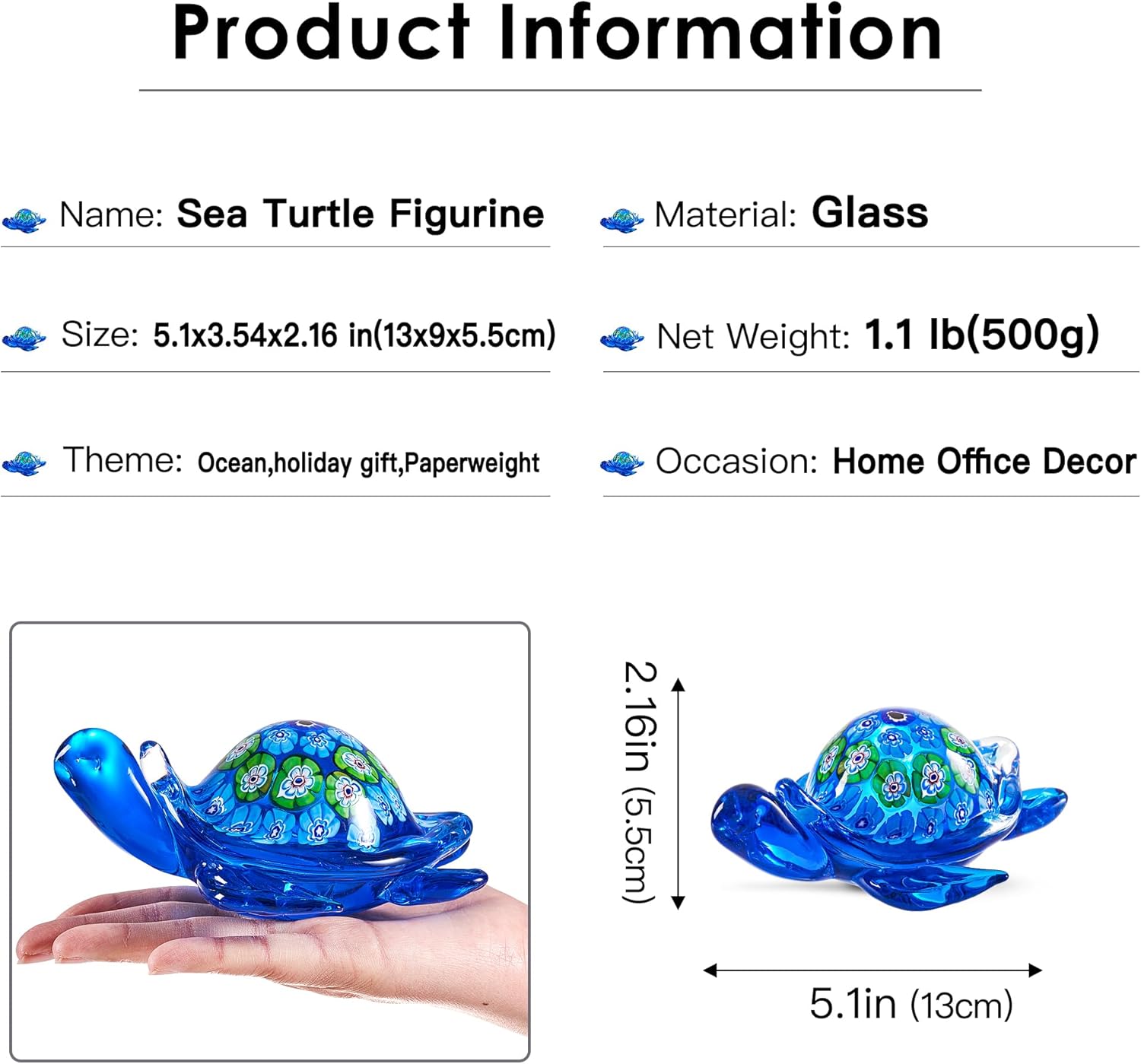 EUSTUMA Hand Blown Glass Sea Turtle Figurine,Sea Animal Ornament for Home Decor,Sea Animals Collection for Birthday Gift,Glass Tortoise Sculpture - Image 2