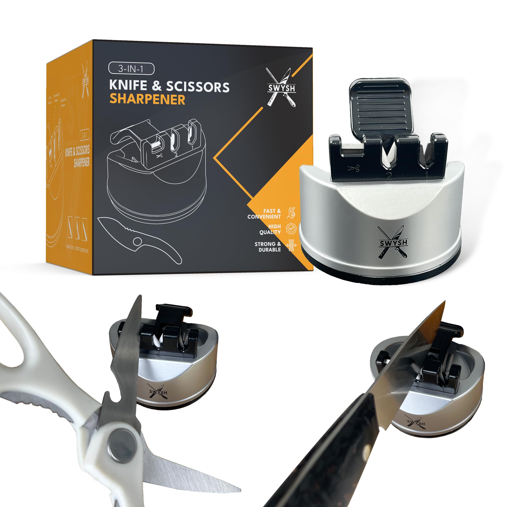 SWYSH 3-Stage Kitchen Knife Sharpening Tool – Versatile Blade Sharpening Tool for All Types of Daily Knifes with Straight & Serrated Edges – Dedicated Scissors Sharpening Slot – Compact & Portable