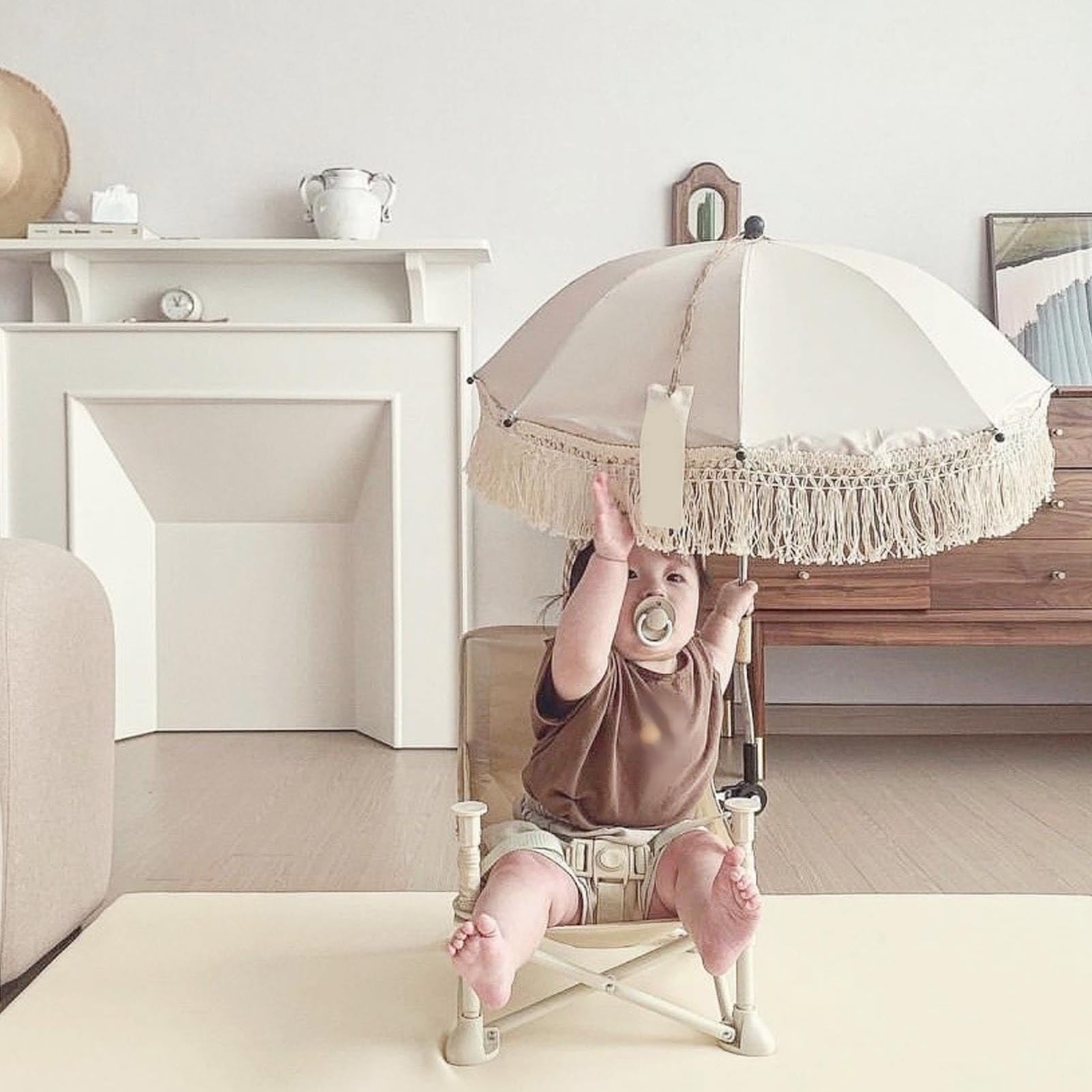 Ombrellone da Esterno per Bambini con Nappa, Frangia, Ombrellone da Spiaggia per Bambini a Prova di Raggi Ultravioletti con Borsa per il Trasporto, per Oggetti di Scena (Beige)