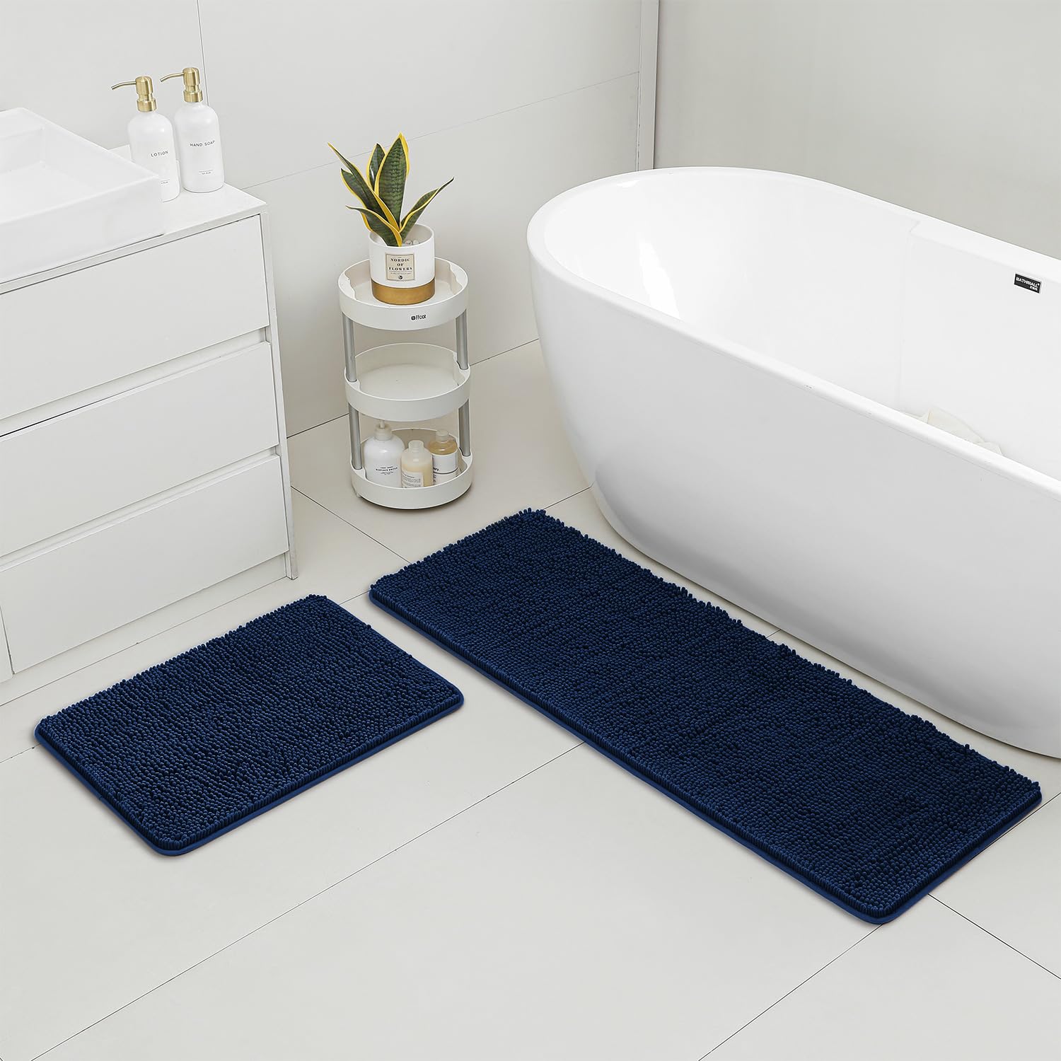 Yeaban Bathroom Rugs Sets 2 Piece – Thick Chenille Bath Mats | Absorbent and Washable Bath Rug Non-Slip, Soft Rugs for Bathroom, Shower, Sink(17" x 24"+17" x 47", Navy Blue) — image 1