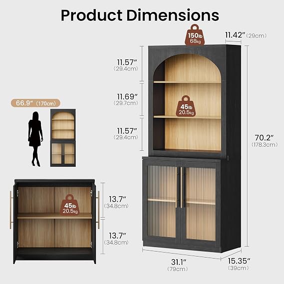 ModernMate 70 Arched Bookcase with Clear Acrylic Doors Black