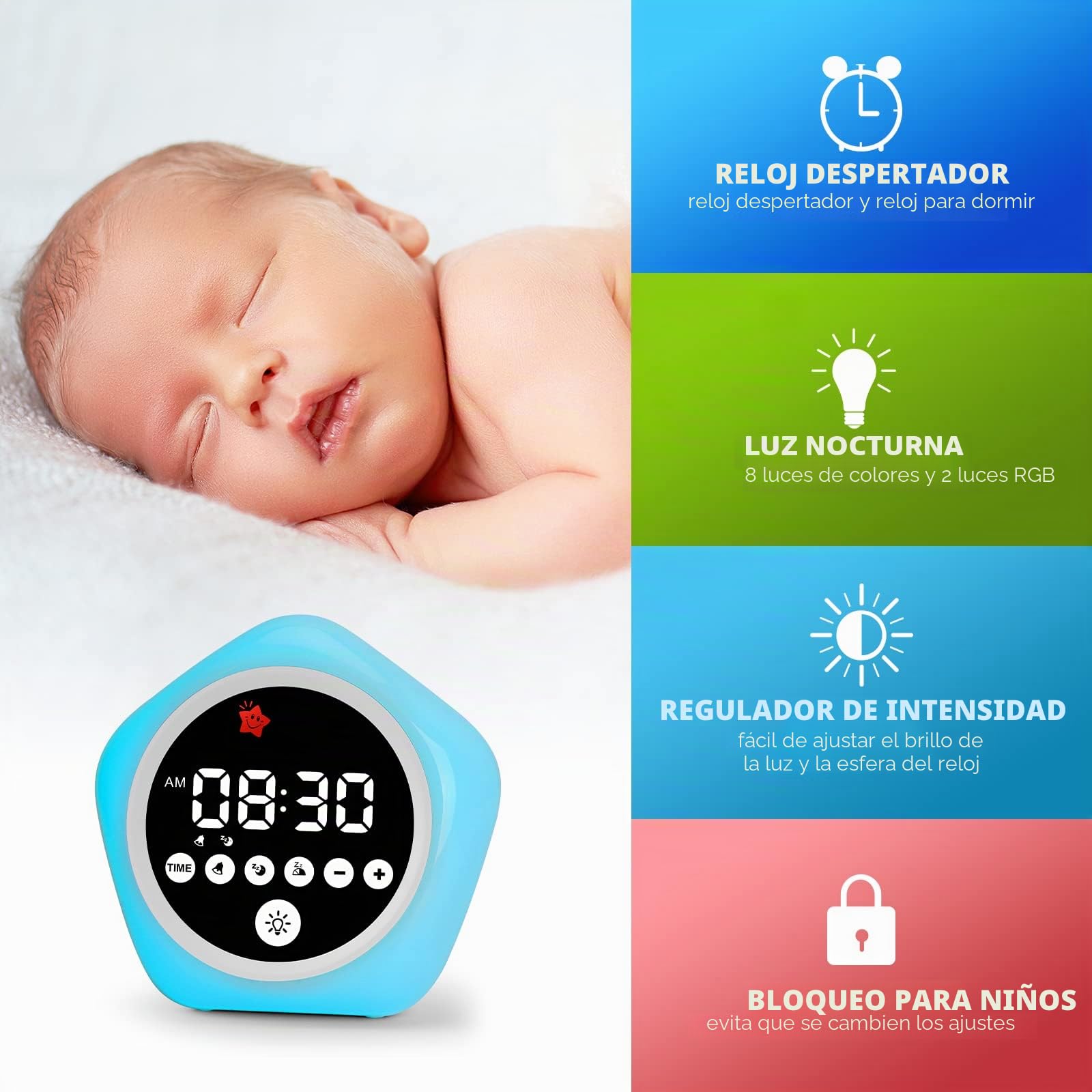 Reloj de alarma para niños, reloj de entrenamiento de sueño para niños pequeños con luces nocturnas, reloj OK para despertar para niños