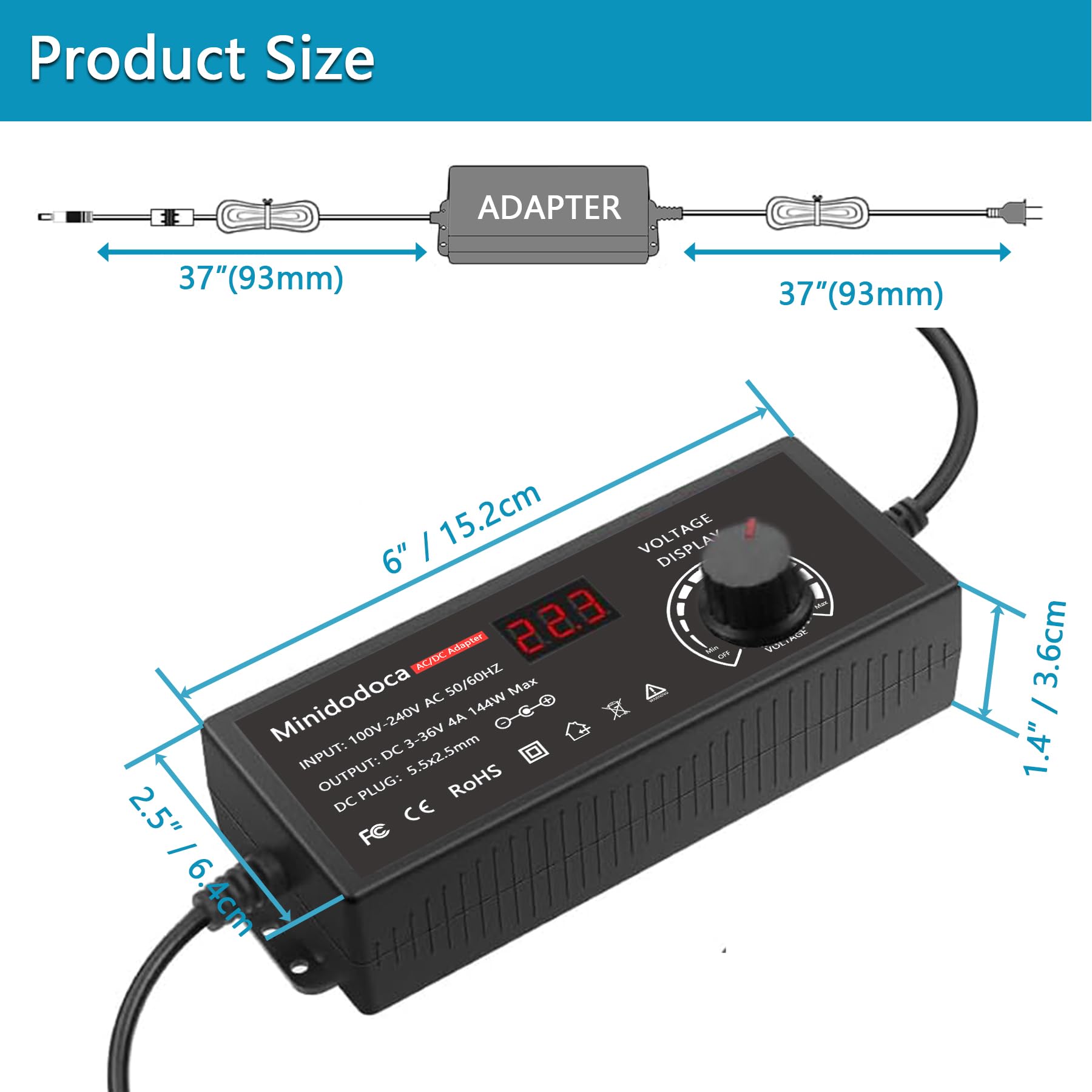 144 W Netzteil, verstellbar, DC 3 V auf 36 V, Wechselstrom/DC-Adapter, Universal-Schaltnetzteil, Wechselstrom-zu-Gleichstrom-Konverter, Schwarz