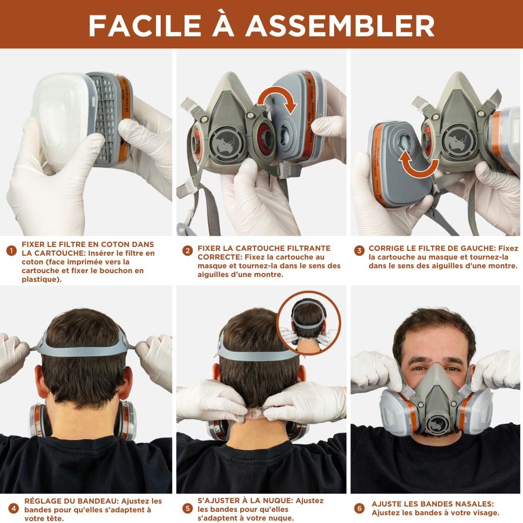 RHINO Smart Solutions Masque Peinture A1 Protection Respiratoire Réutilisable Anti Poussiere, Gaz, Chimique, Resine Epoxy, Travaux du Bricolage | Avec Filtres en Coton, Lunettes de Sécurité, Gants