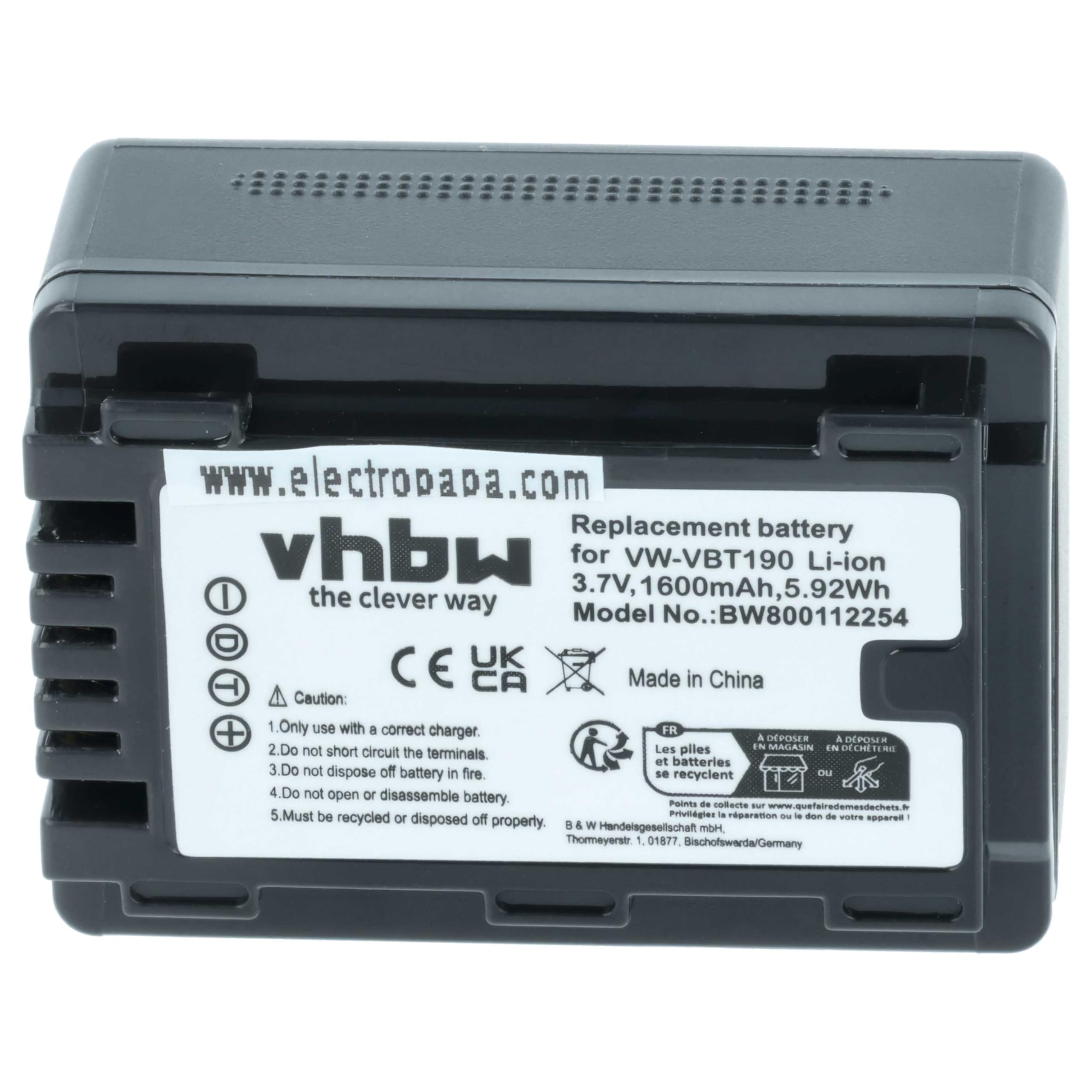 vhbw 2X batería Compatible con Panasonic HC-W580, HC-W850EB, HC-WX979 cámara de vídeo (1600 mAh, 3,6 V, Li-Ion) con Chip
