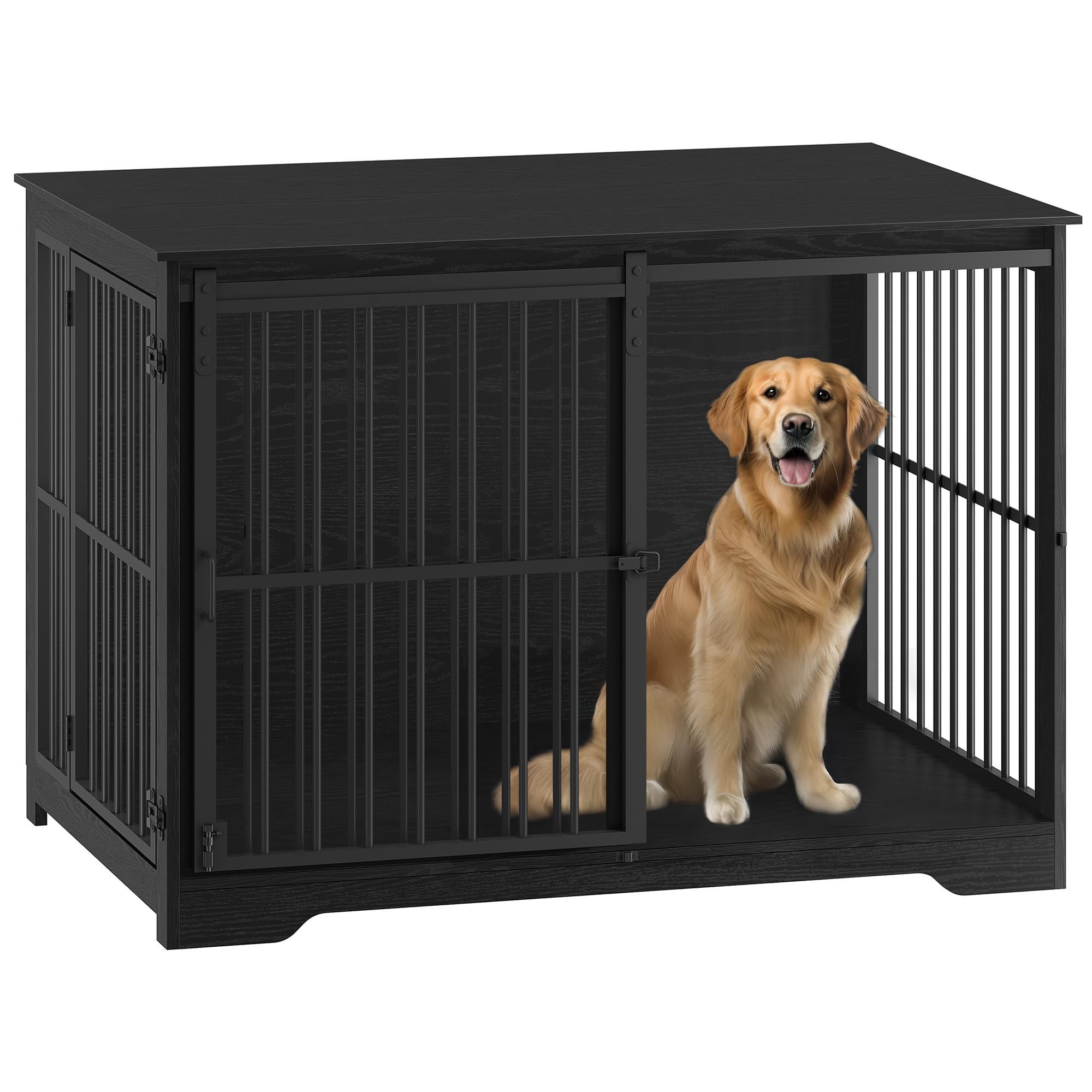Hzuaneri 110cm Cage pour Chiens, Table d’Appoint, Niche Moderne pour Chiens, Cage pour Chiots, Maisonnette pour Animaux, 2 Portes, 110 × 65 × 81 cm, Noire DFC84404B