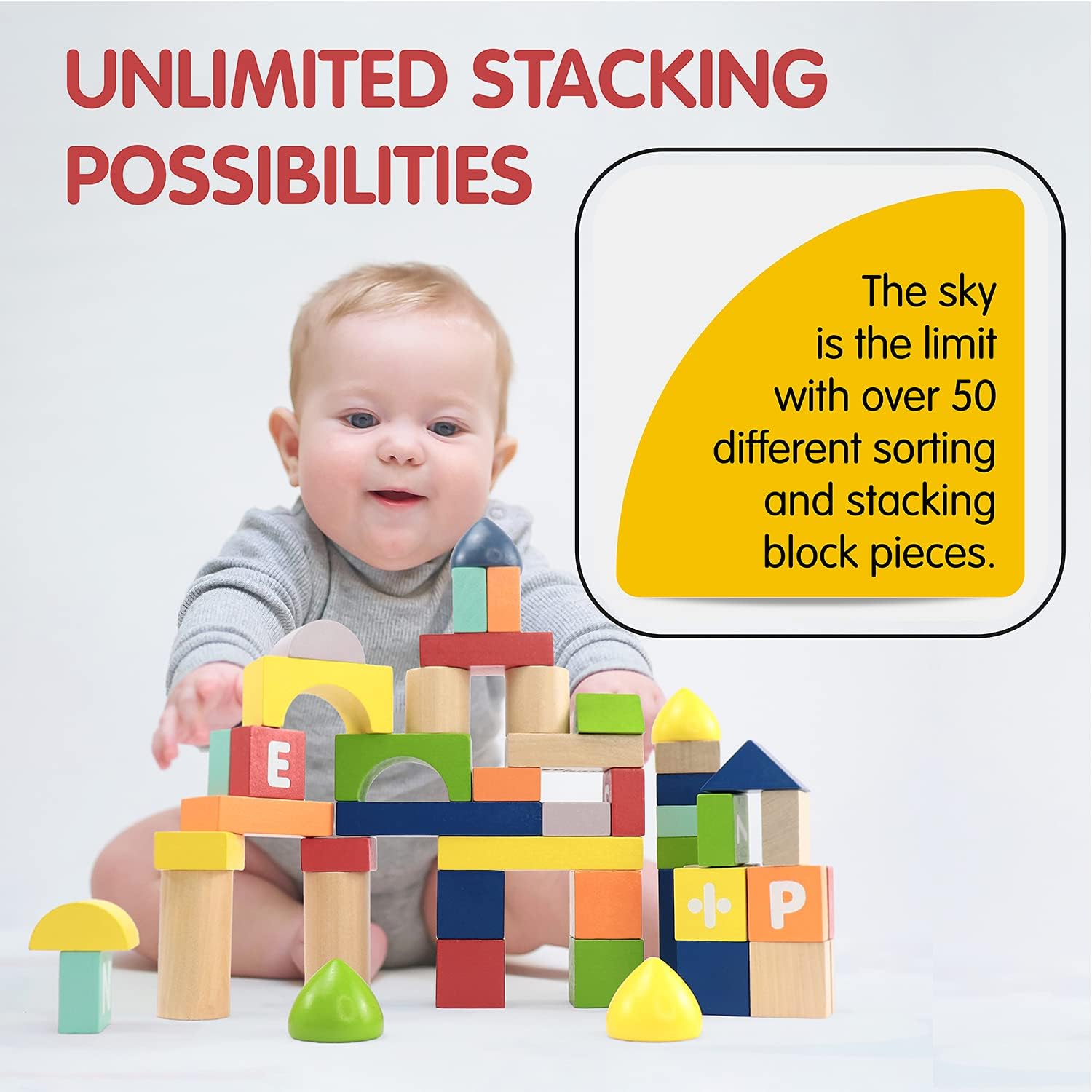 LEO & FRIENDS 50-Piece Count and Spell Building Block Set - Wooden Toddler Toy for Learning Counting Spelling Sorting - Educational Kids Toy for for Boys and Girls of Ages 12 Months and Above