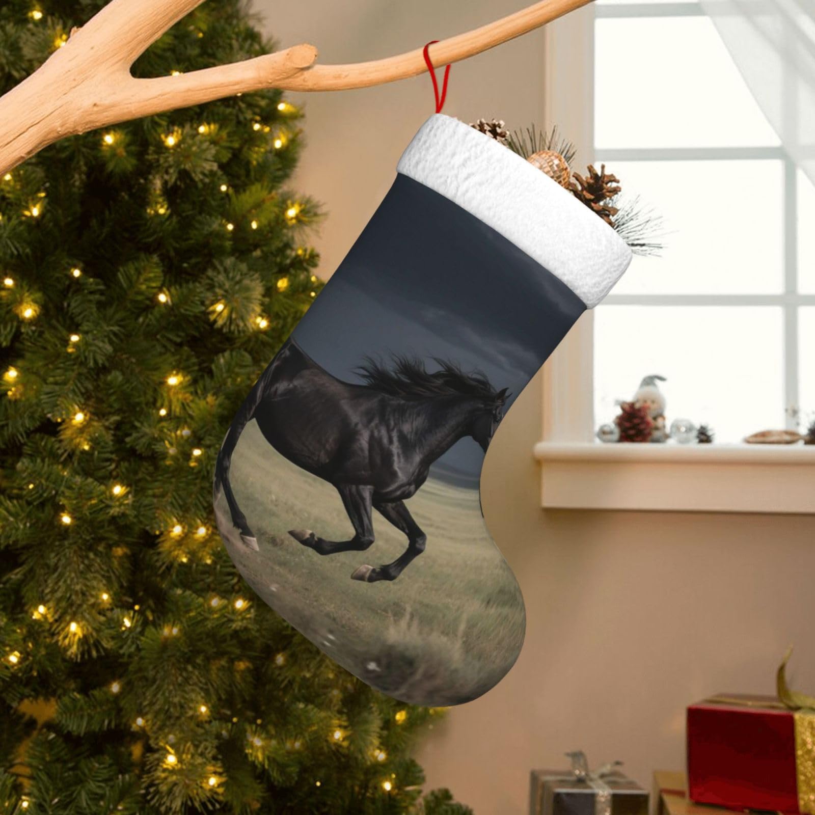 Velvet Christmas Stockings 17.7 Inch, Horse Xmas Stocking with Soft Cuff,Classic Personalized Christmas Tree Decoration for Family Holiday New Year Party Supplies