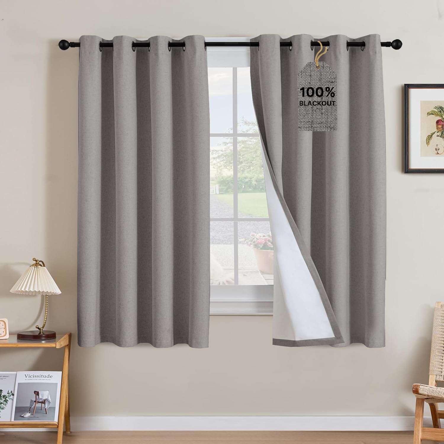 H.VERSAILTEX Linen Curtains 100% Blackout Curtains for Bedroom 63 inch Long Full Light Blocking Nature Linen Blended Window Curtains for Living Room Nickel Grommet (2 Panels, Heathered Dove)