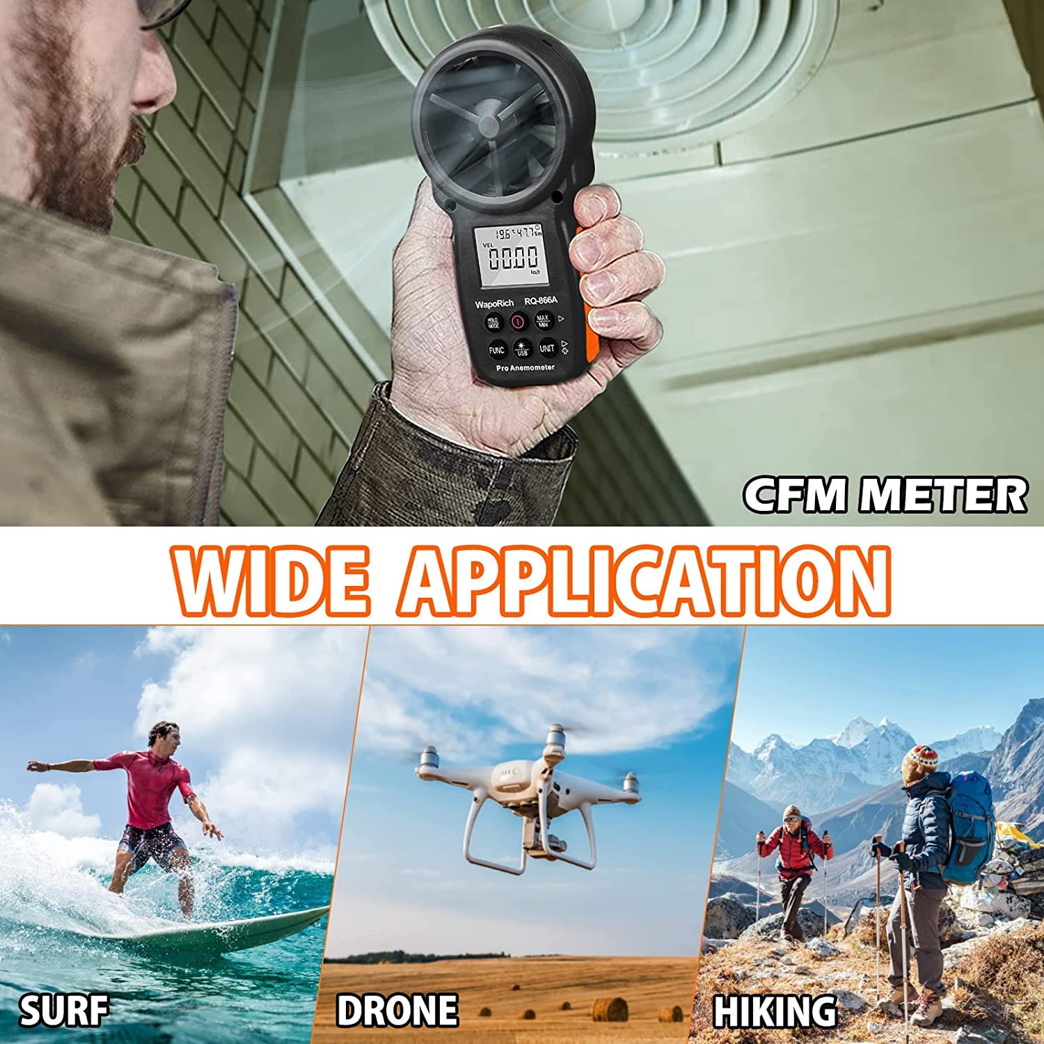 Anémomètre Numérique CFM, WapoRich Anemometre Portable - Synchronisation des Données avec PC pour une Analyse Précise - Mesure la Vitesse du Vent/Débit d'Air/Humidité/Temp/Point de Rosée RQ-866A