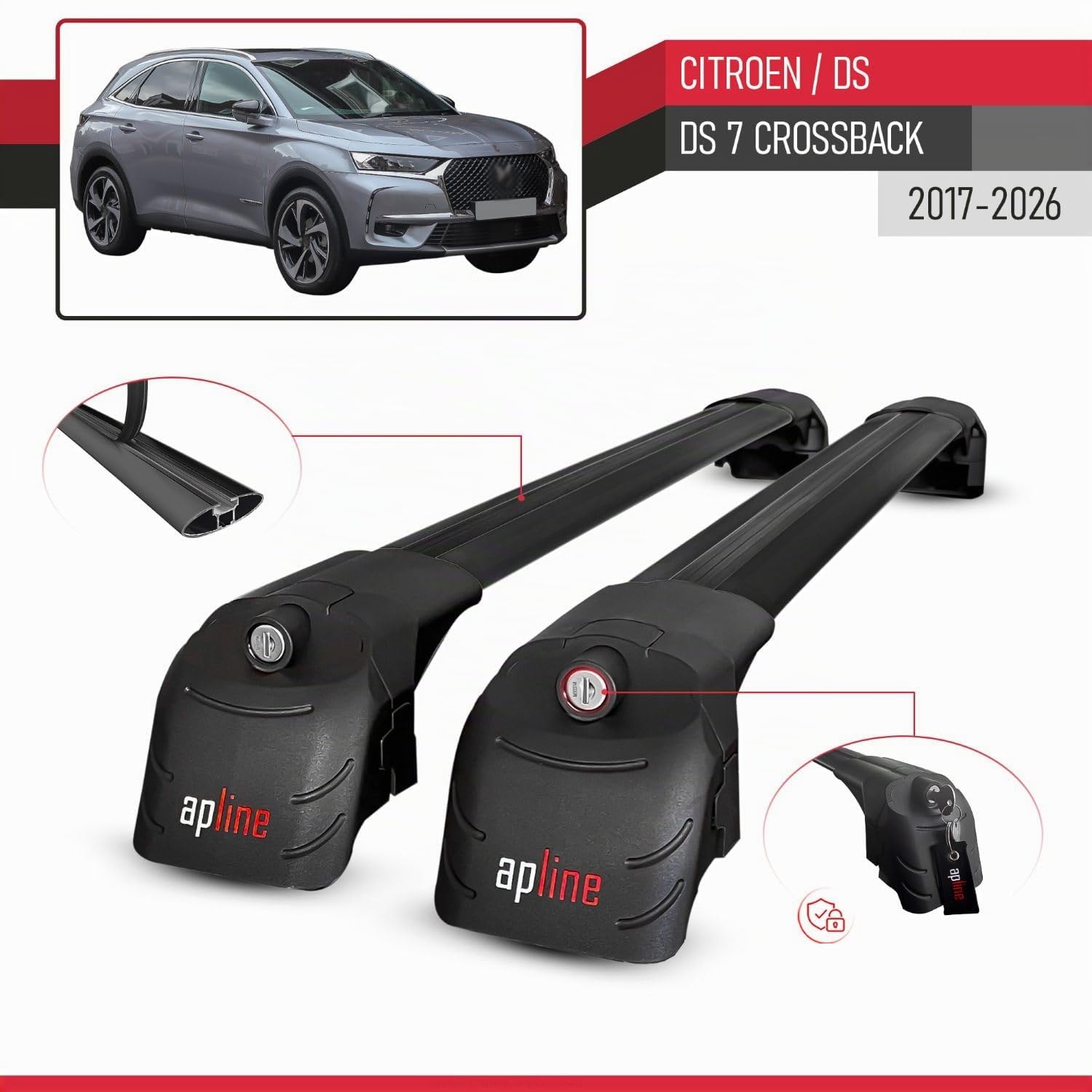 Compatible con Citroen/DS 7 Crossback 2017-2026 Modelo Ace-2 Barra de Techo Auto Portaequipajes Barras Transversales Negro Aluminio 2 Barras