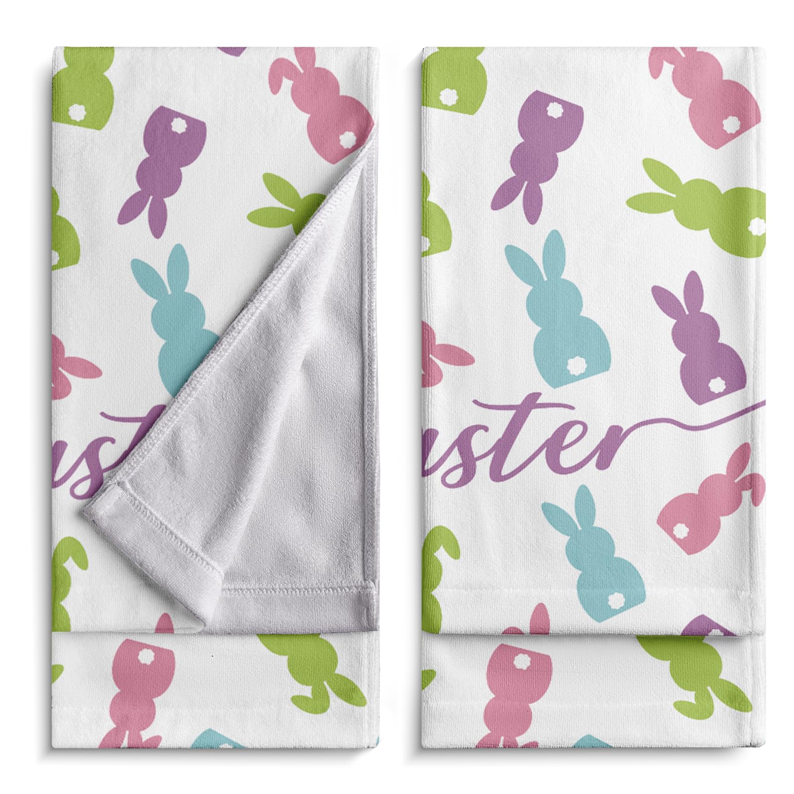 Kwlegh Happy Easter Hand Towels Colorful Cartoon Rabbits Kitchen Towels Set of 2 Cute Bunny Pattern Print Soft Highly Absorbent Fingertip Towels 14.4x28.3 Guest Towel for Bathroom Hotel Gym