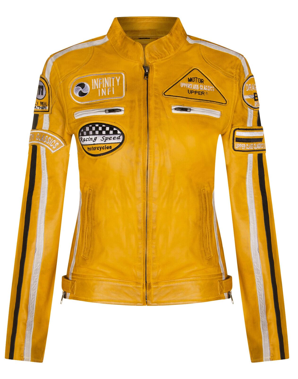 Infinity Leather Women's Yellow Leather Biker Casual Racing Moto Badges Jacket